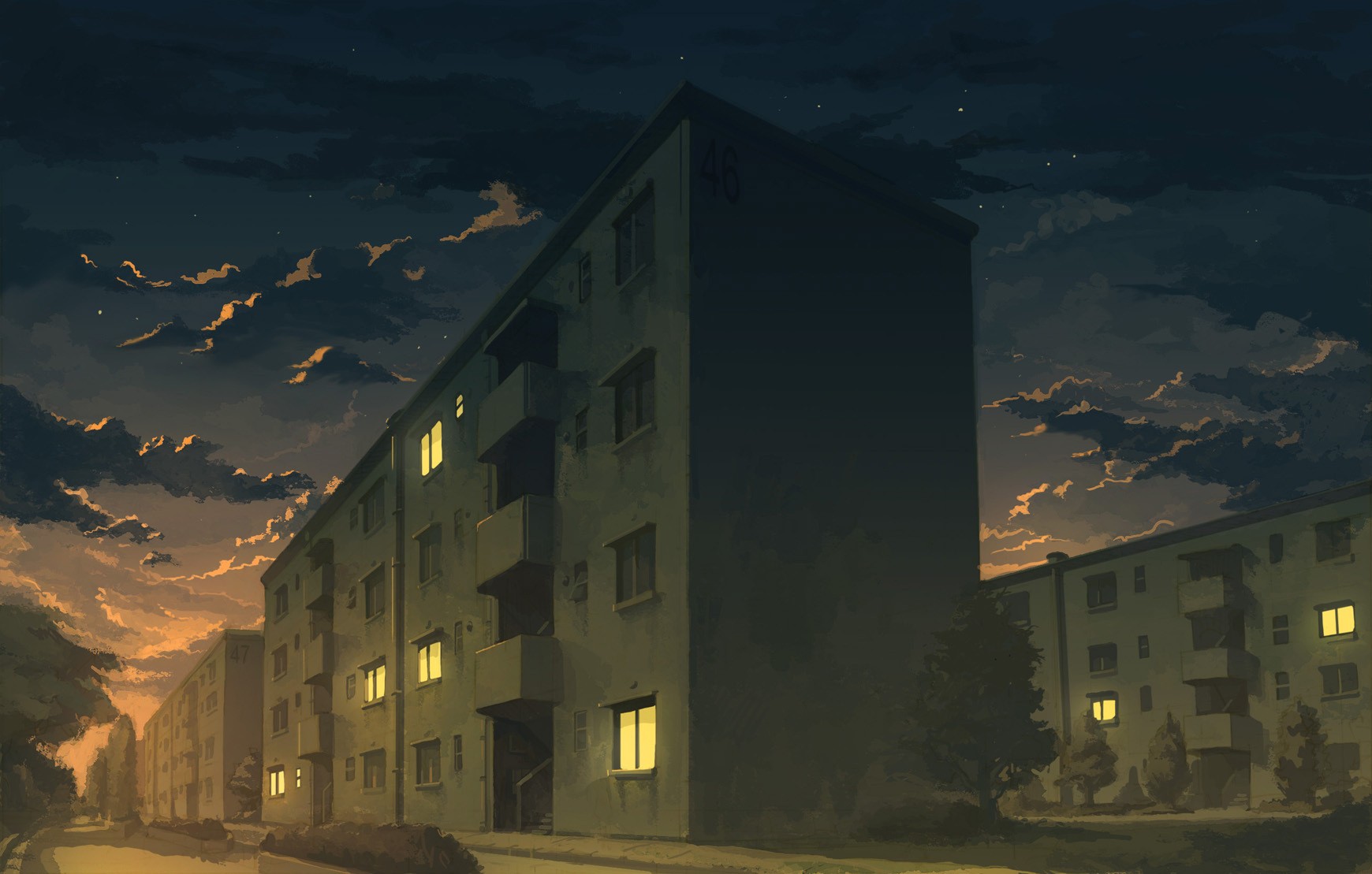 Anime 1740x1109 night building city apartments anime artwork