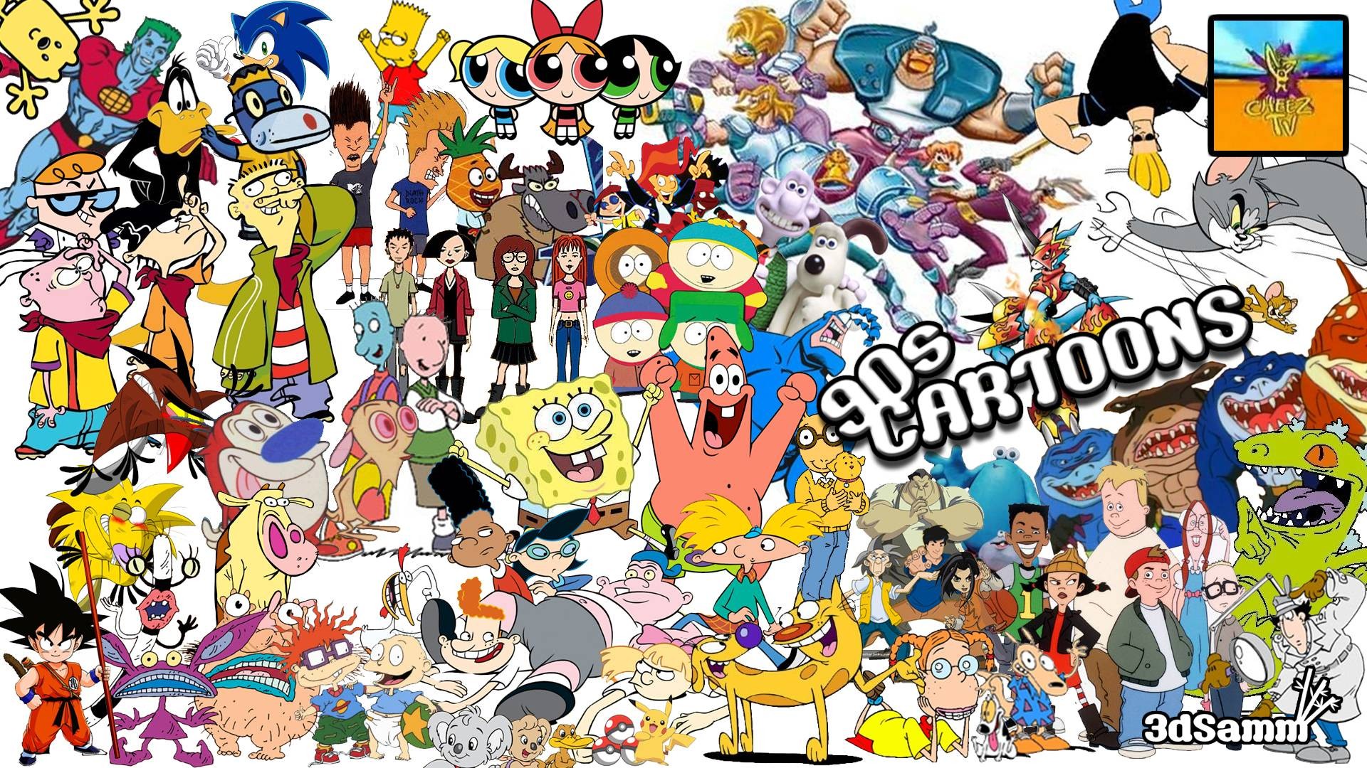 General 1920x1080 cartoon 1990s animated series TV series SpongeBob SquarePants The Simpsons Beavis & Butthead Daffy Duck South Park Wallace and Gromit Tom and Jerry Inspector Gadget Son Goku Sonic the Hedgehog digital art