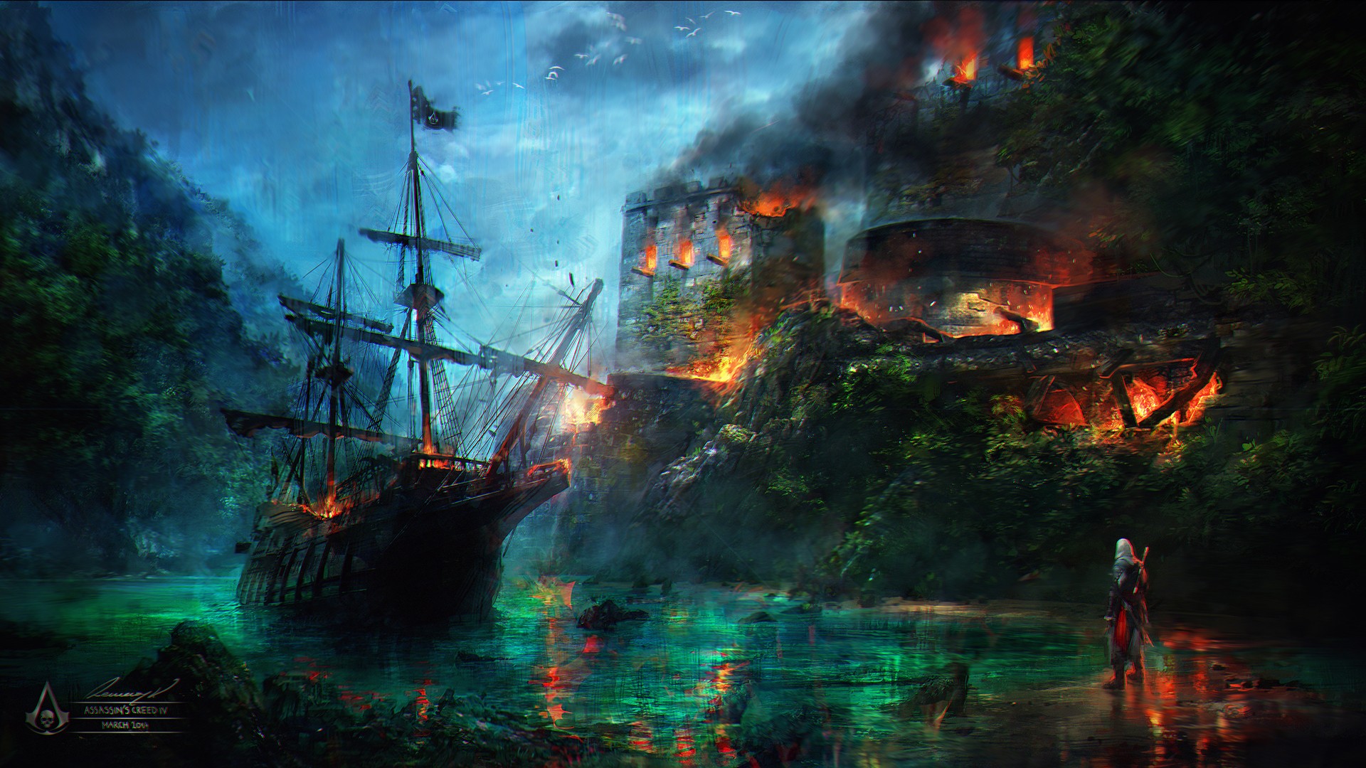 General 1920x1080 Assassin's Creed digital art boat Assassin's Creed: Black Flag ship castle water assassins  video games video game art fire burning sailing ship vehicle PC gaming