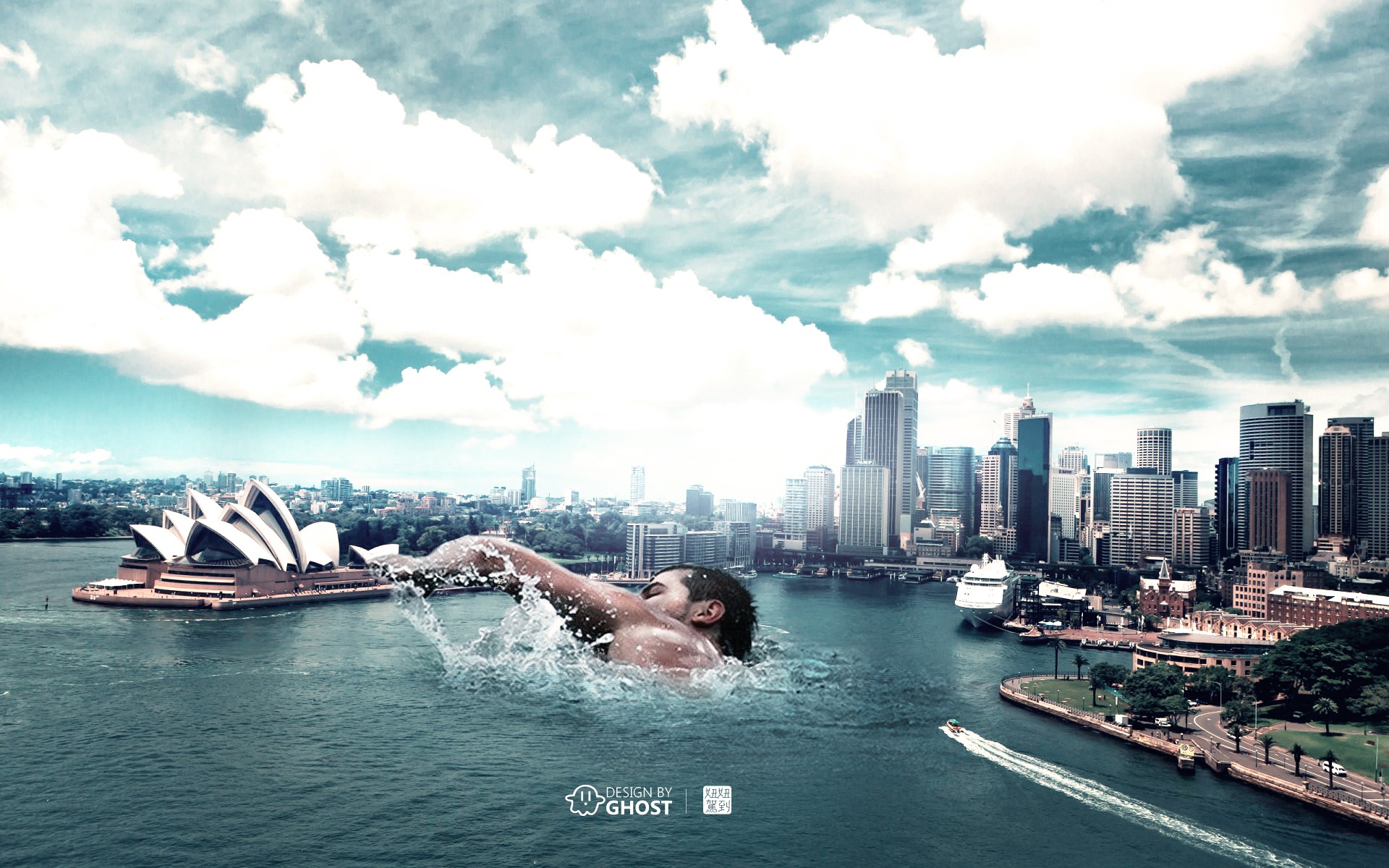 General 1920x1200 photo manipulation Sydney Opera House digital art Sydney sky men Australia water clouds cityscape