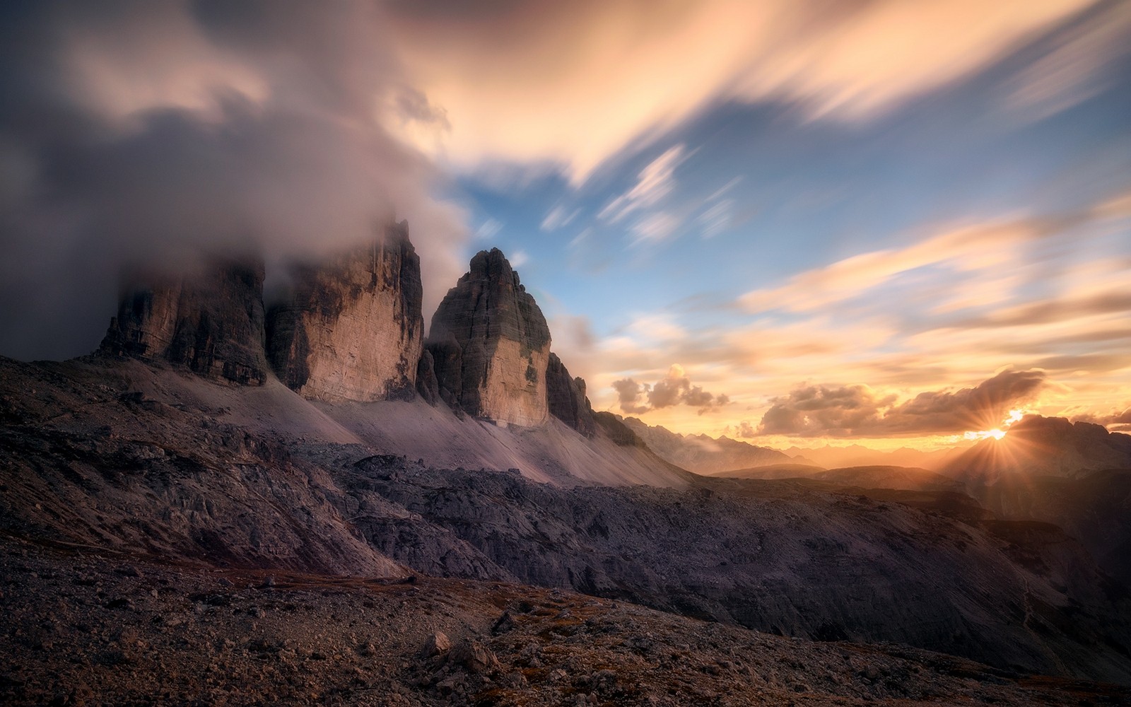 General 1600x1000 nature landscape sunset mountains Alps summer clouds sun rays sky Italy Three Peaks of Lavaredo