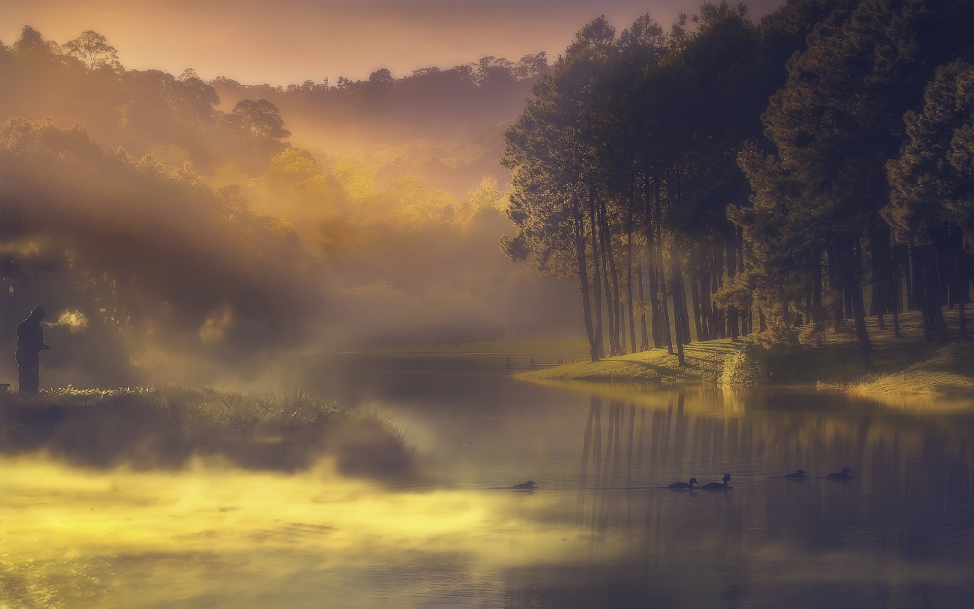 General 1920x1200 nature water landscape lake mist forest duck fisherman hills trees