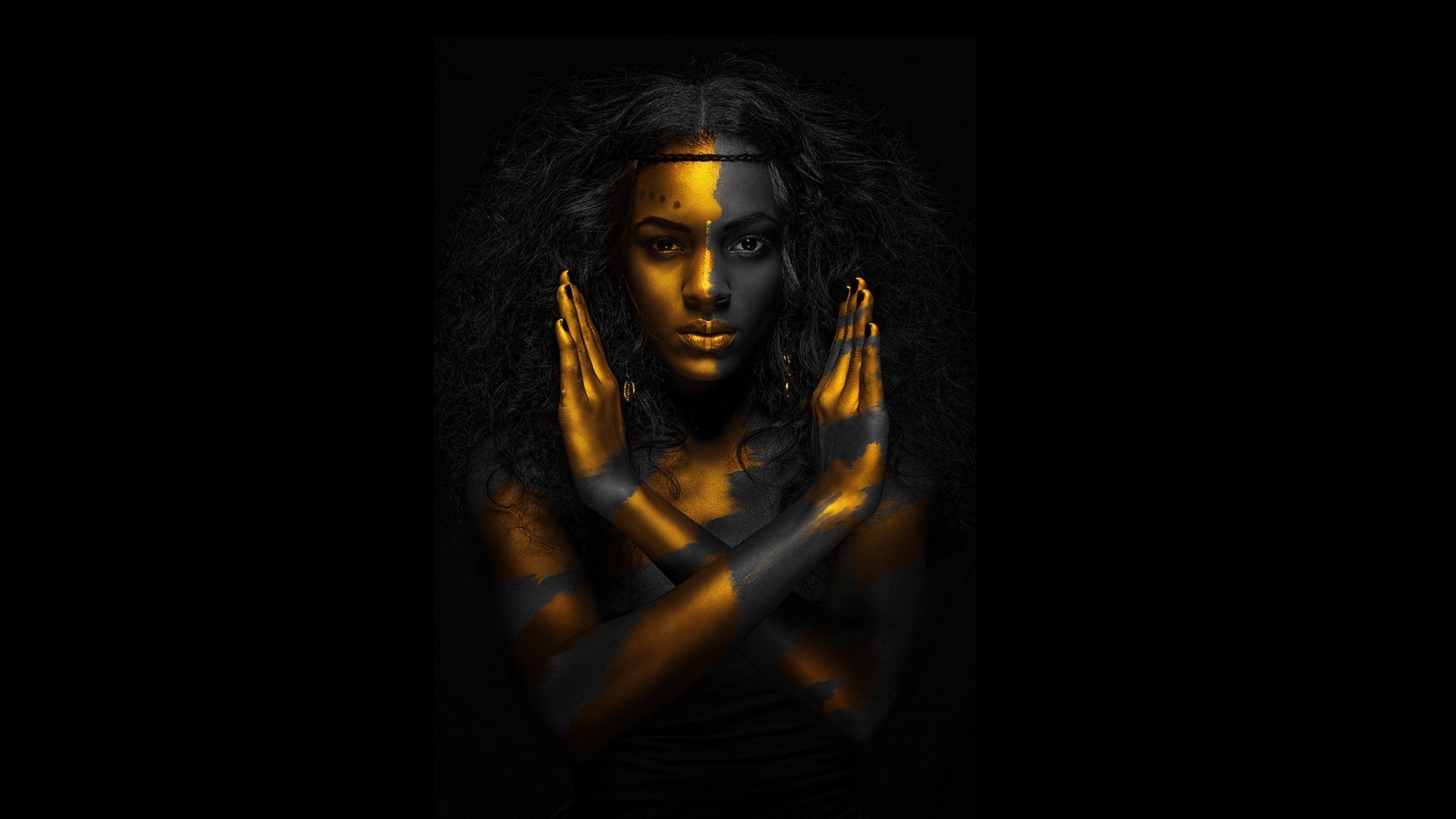 People 1920x1080 body paint women model face portrait dark black gold black background simple background hands looking at viewer