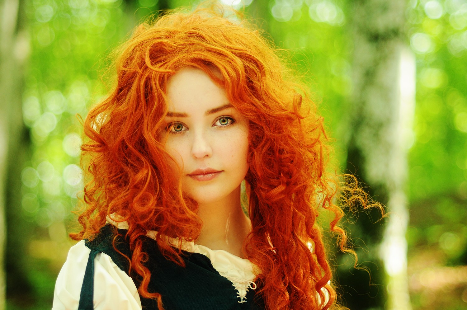 People 1500x996 women redhead blue eyes face curly hair blurred Brave cosplay freckles Princess Merida looking at viewer model
