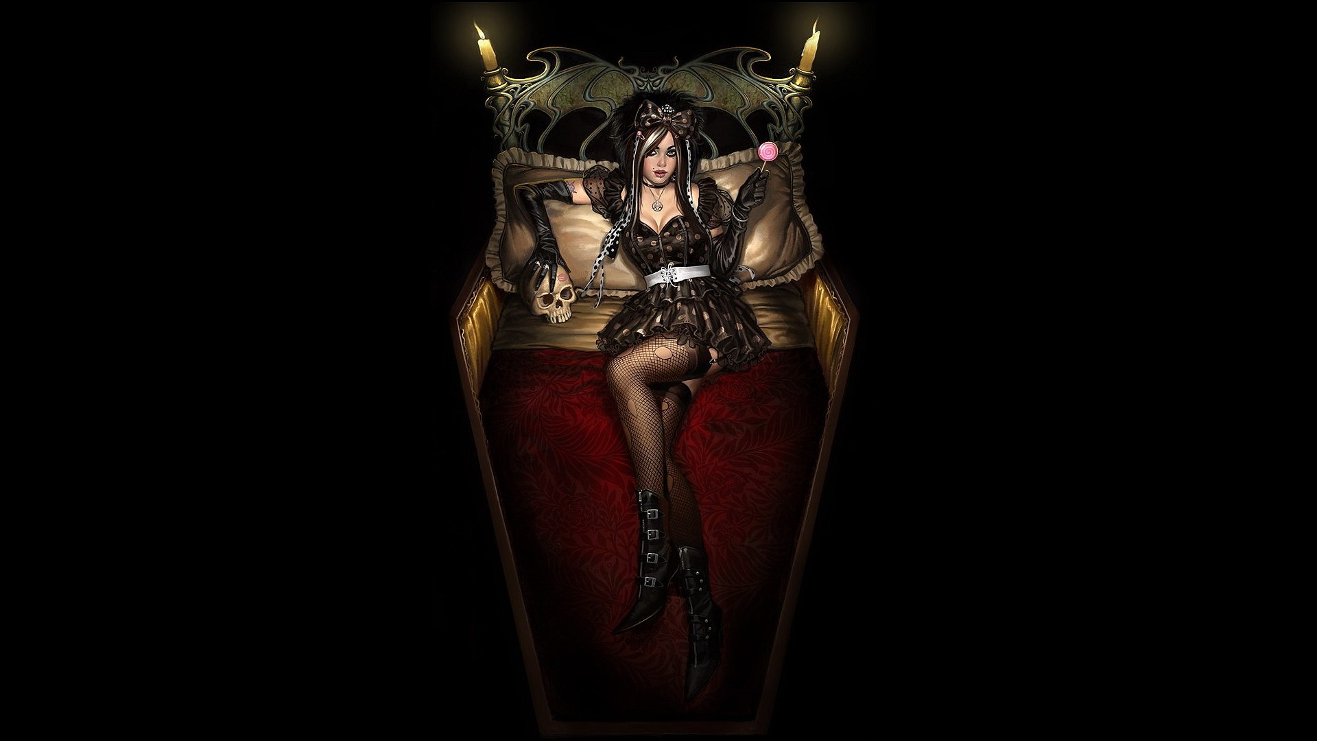 General 1920x1080 artwork fantasy art fantasy girl skull lollipop women stockings torn stockings necklace food sweets black background