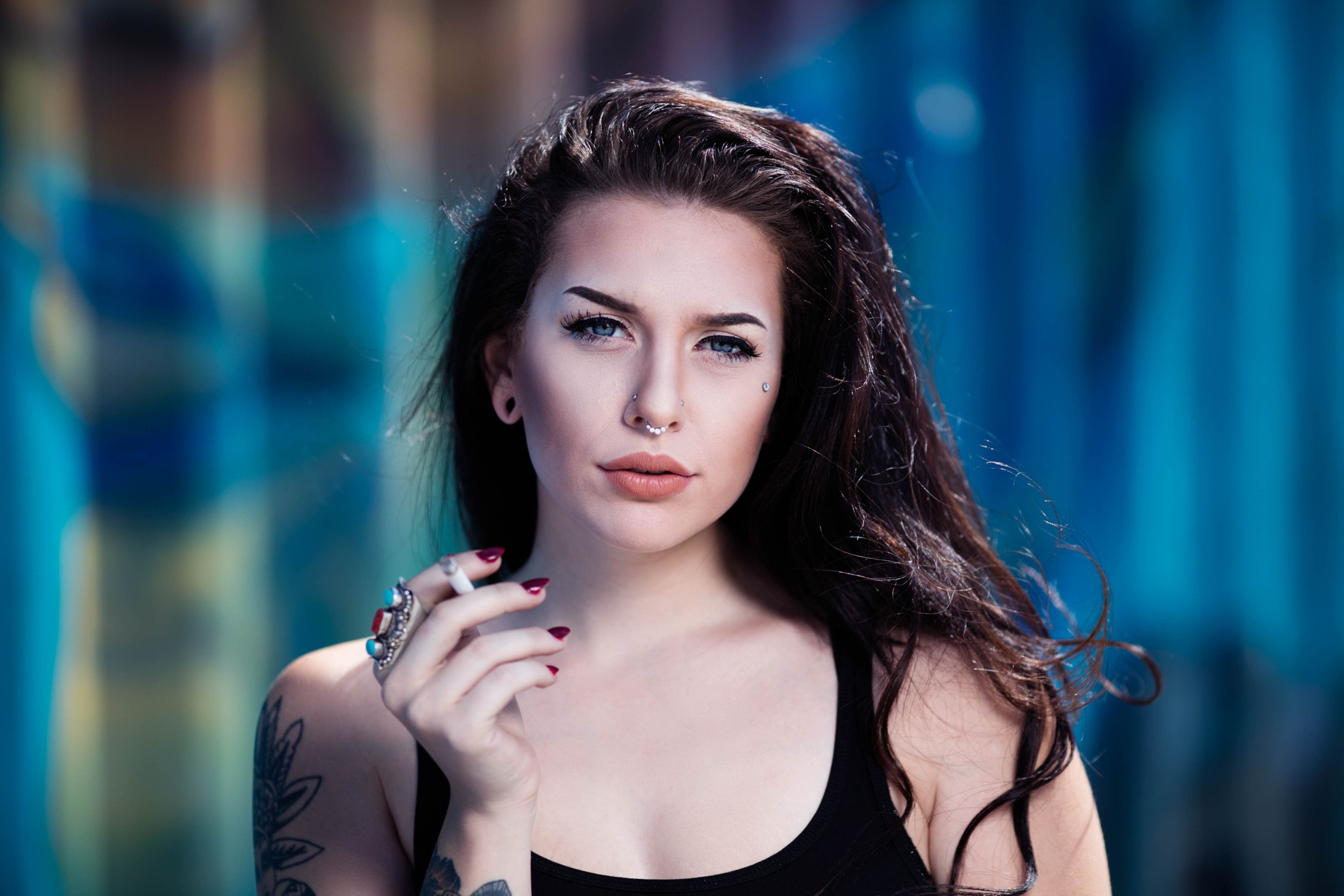 People 2048x1366 women piercing tattoo makeup smoking cigarettes dark hair looking at viewer model lipstick nose ring red nails painted nails inked girls