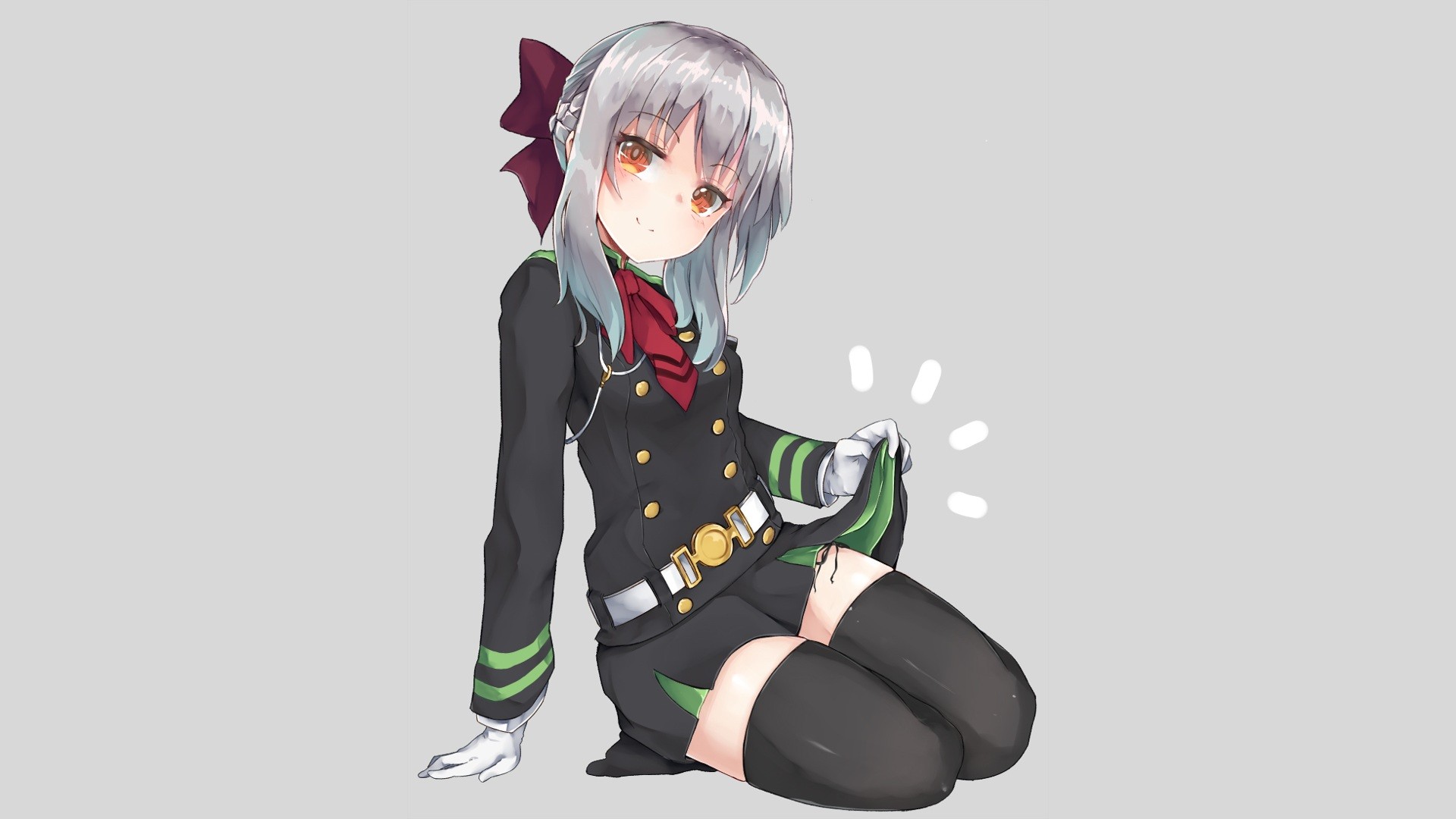 Anime 1920x1080 anime anime girls hat Owari No Seraph Hiiragi Shinoa silver hair thigh-highs simple background stockings legs together black stockings smiling looking at viewer