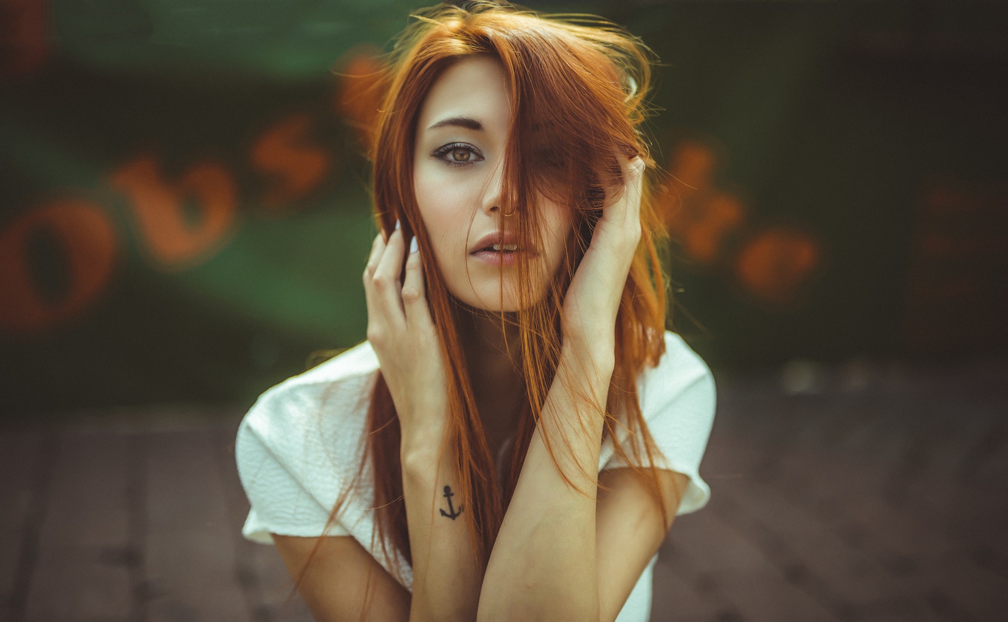 People 2048x1263 Victoria Ryzhevolosaya women redhead tattoo portrait face open mouth brown eyes looking at viewer T-shirt white tops hair in face nose ring inked girls hazel eyes long hair closeup