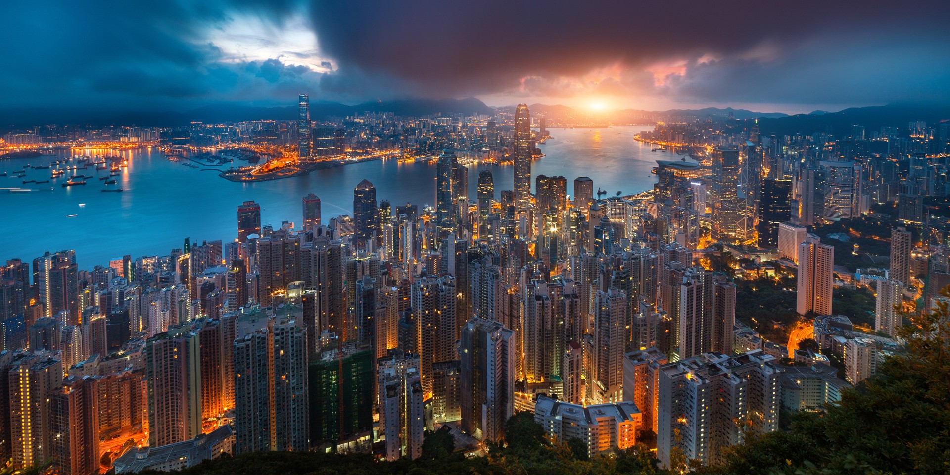 General 1920x960 Hong Kong Victoria Harbour morning China Asia sunlight city lights cityscape