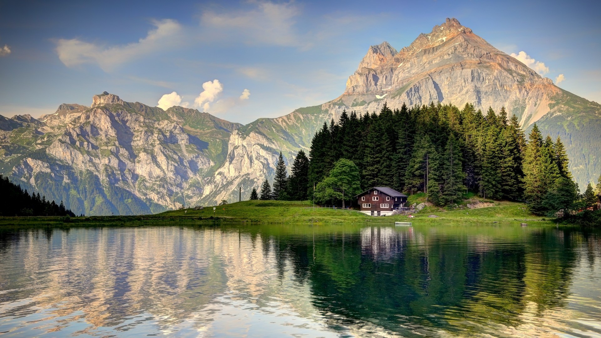 General 1920x1080 landscape Swiss Alps mountains lake cottage Switzerland reflection house nature
