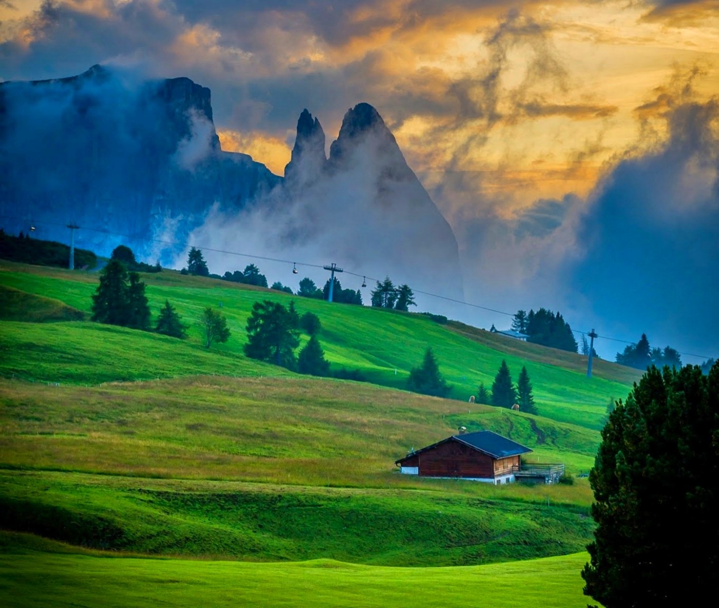General 1400x1185 nature landscape Dolomites sunset Italy cabin clouds grass trees sky mountains