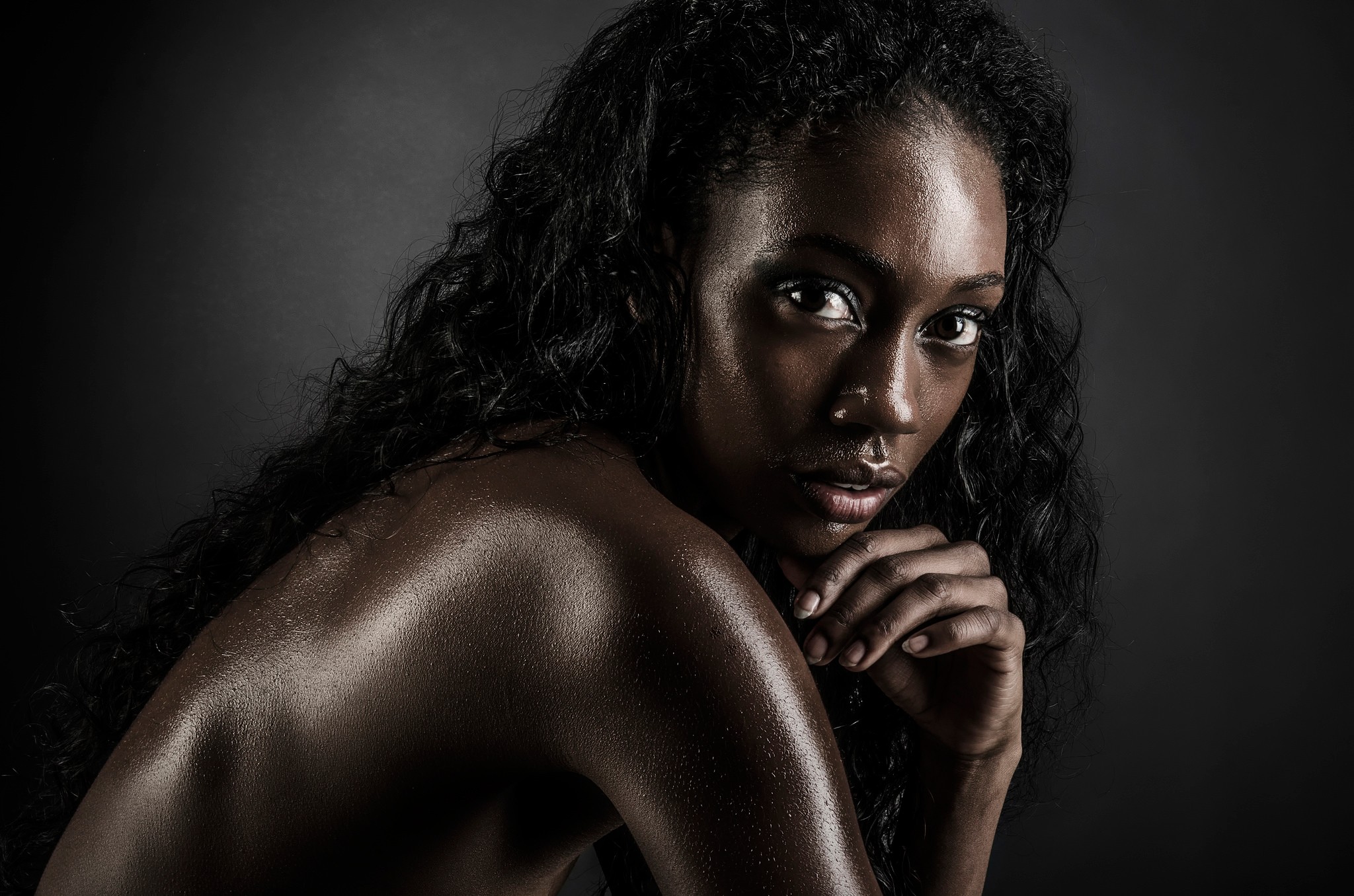 People 2048x1356 women face model dark skin black hair nude looking at viewer closeup women indoors indoors studio long hair simple background juicy lips