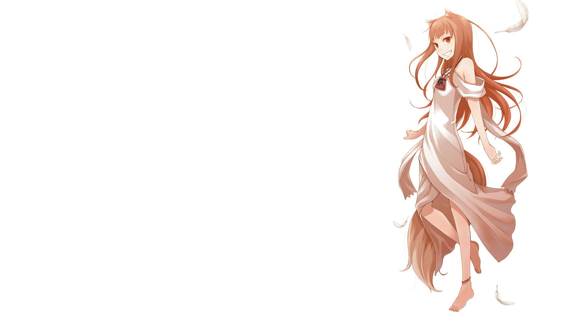Anime 1920x1080 Holo (Spice and Wolf) Spice and Wolf anime girls wolf girls anime smiling dress long hair red eyes animal ears barefoot simple background white background