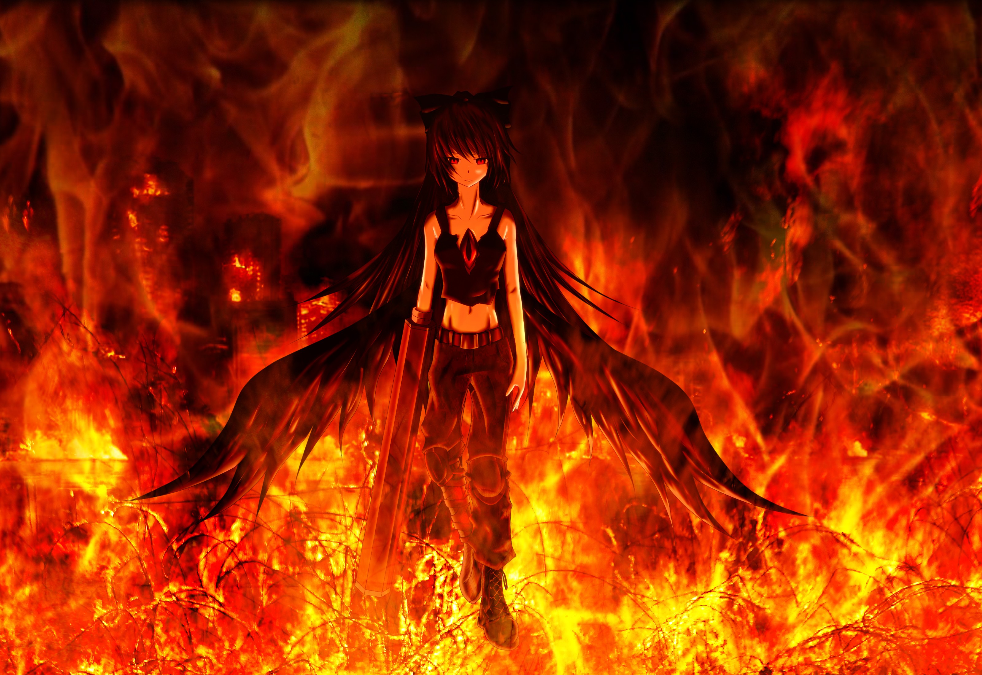 Anime 3200x2200 Touhou Reiuji Utsuho anime girls fire burning anime fantasy art fantasy girl standing women long hair wings belly red eyes