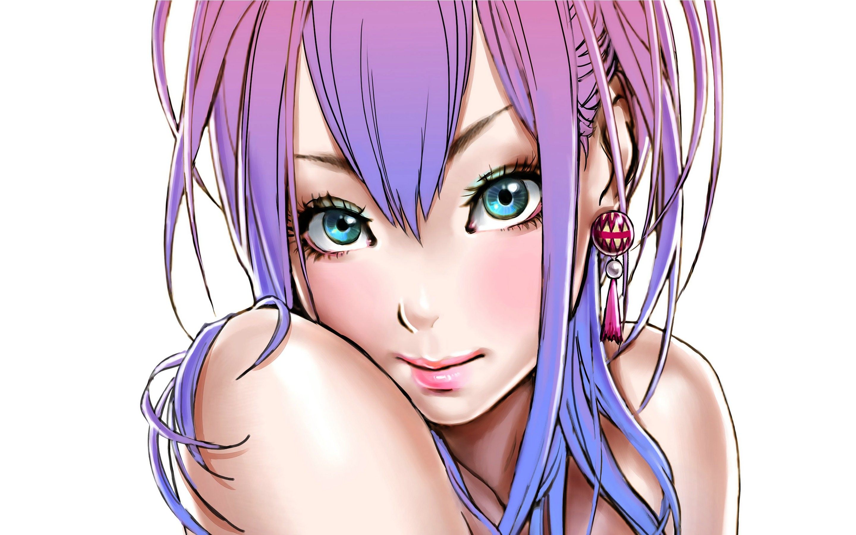 Anime 2880x1800 anime girls original characters anime face portrait simple background purple hair closeup women aqua eyes long hair white background