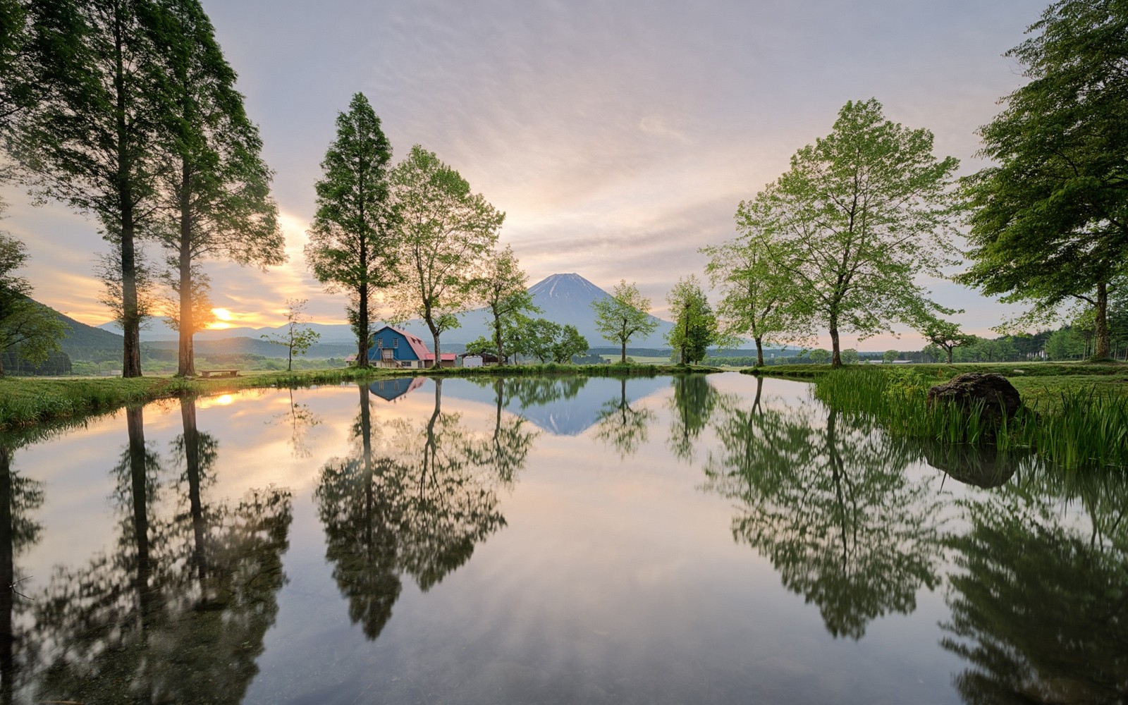 General 1600x1000 landscape nature Japan trees reflection mountains grass water pond spring