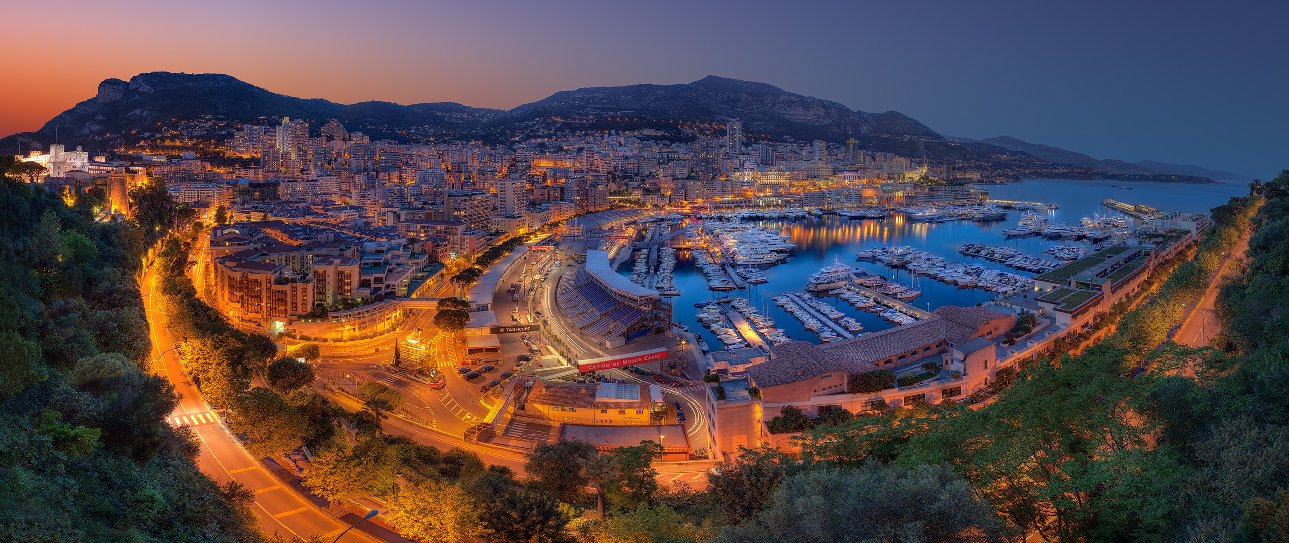 General 2560x1080 landscape Monaco ports cityscape city dusk mountains lights sky cropped low light