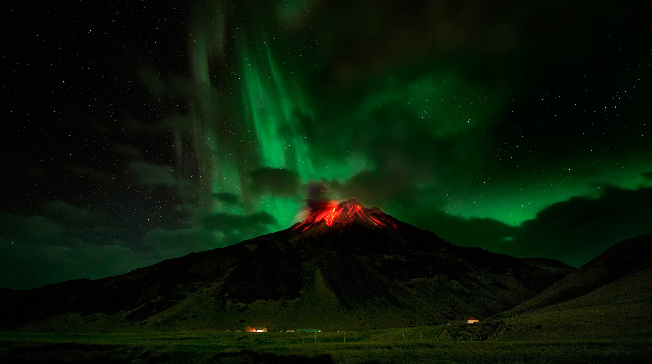 General 2500x1399 nature night landscape stars long exposure lava volcano clouds lights mountains aurorae