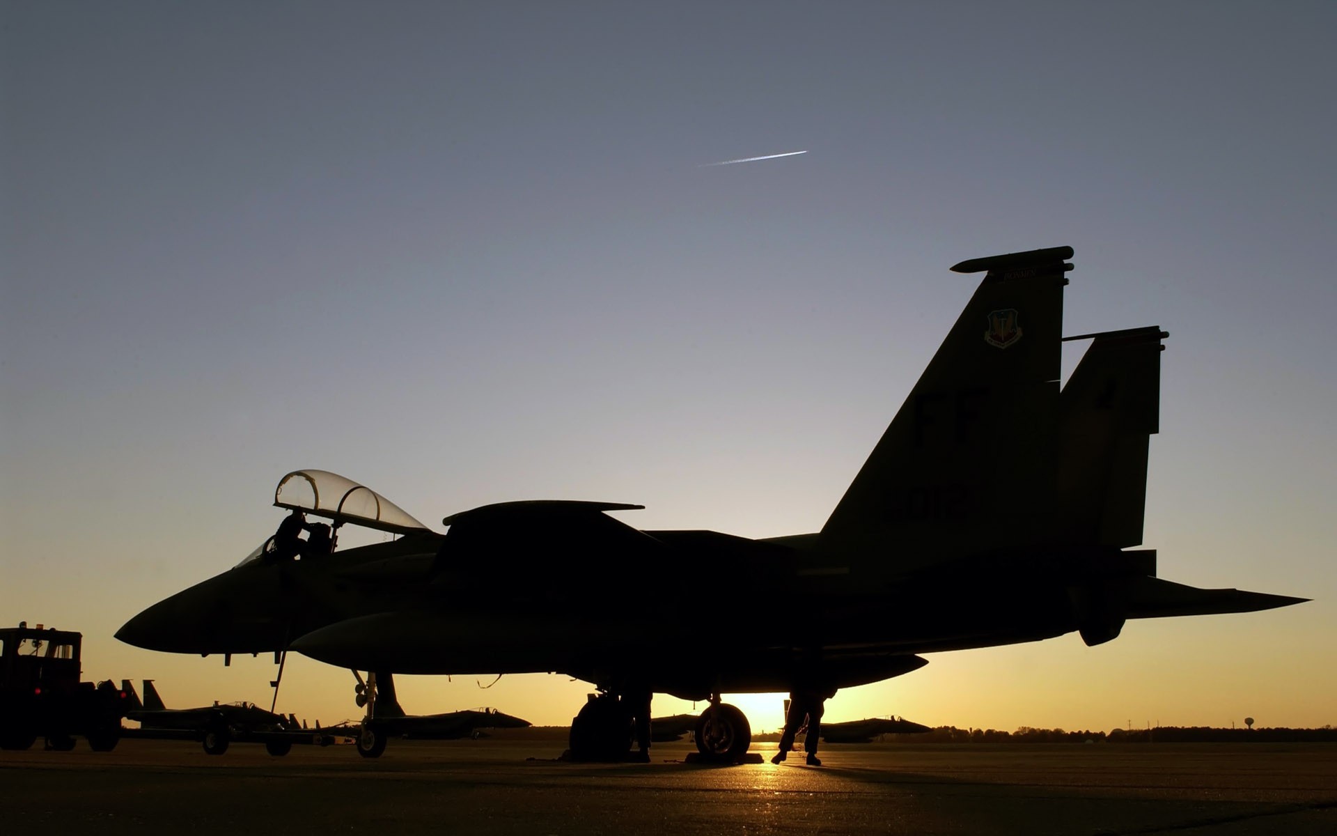 General 1920x1200 airplane silhouette contrails F-15 Eagle jet fighter military vehicle vehicle military aircraft McDonnell Douglas military sunset American aircraft sunset glow
