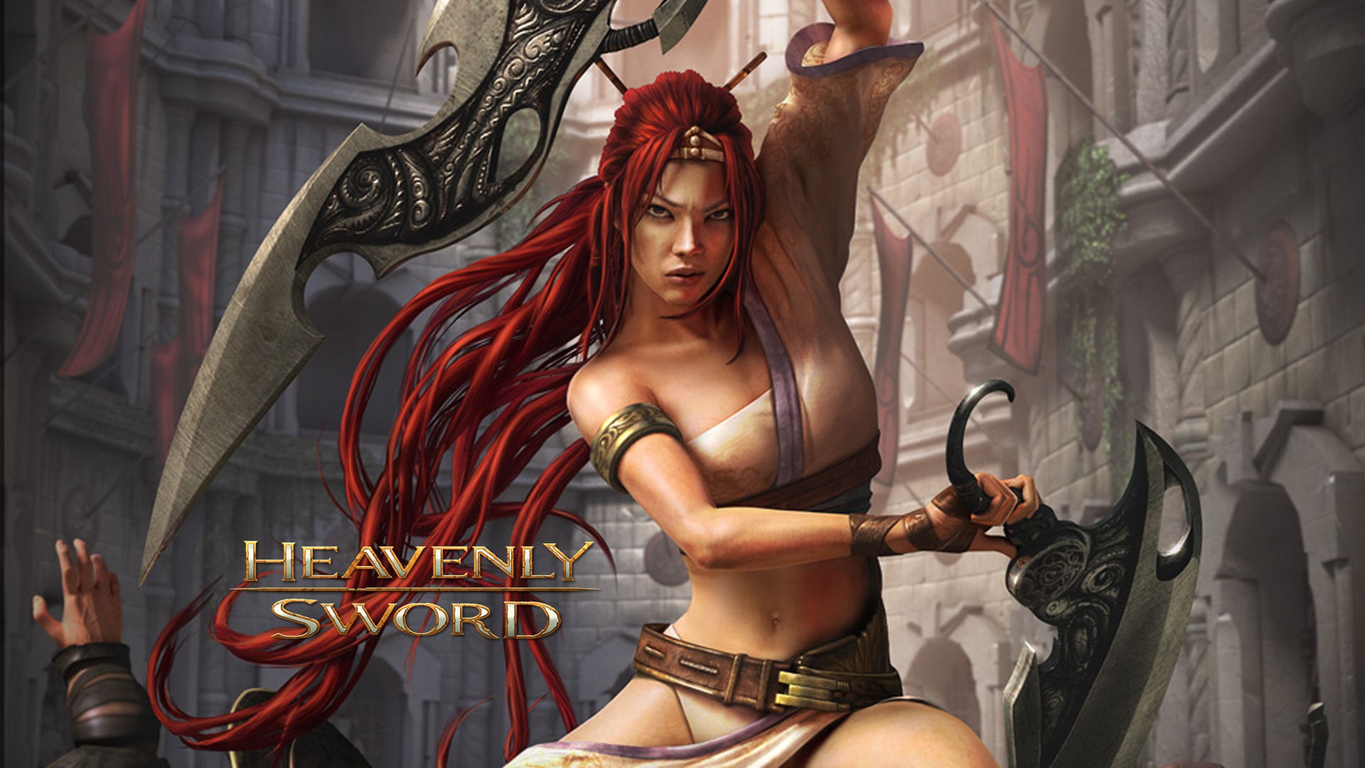 General 1920x1080 video games fantasy girl redhead long hair Heavenly Sword video game art women with swords belly fantasy art warrior video game girls