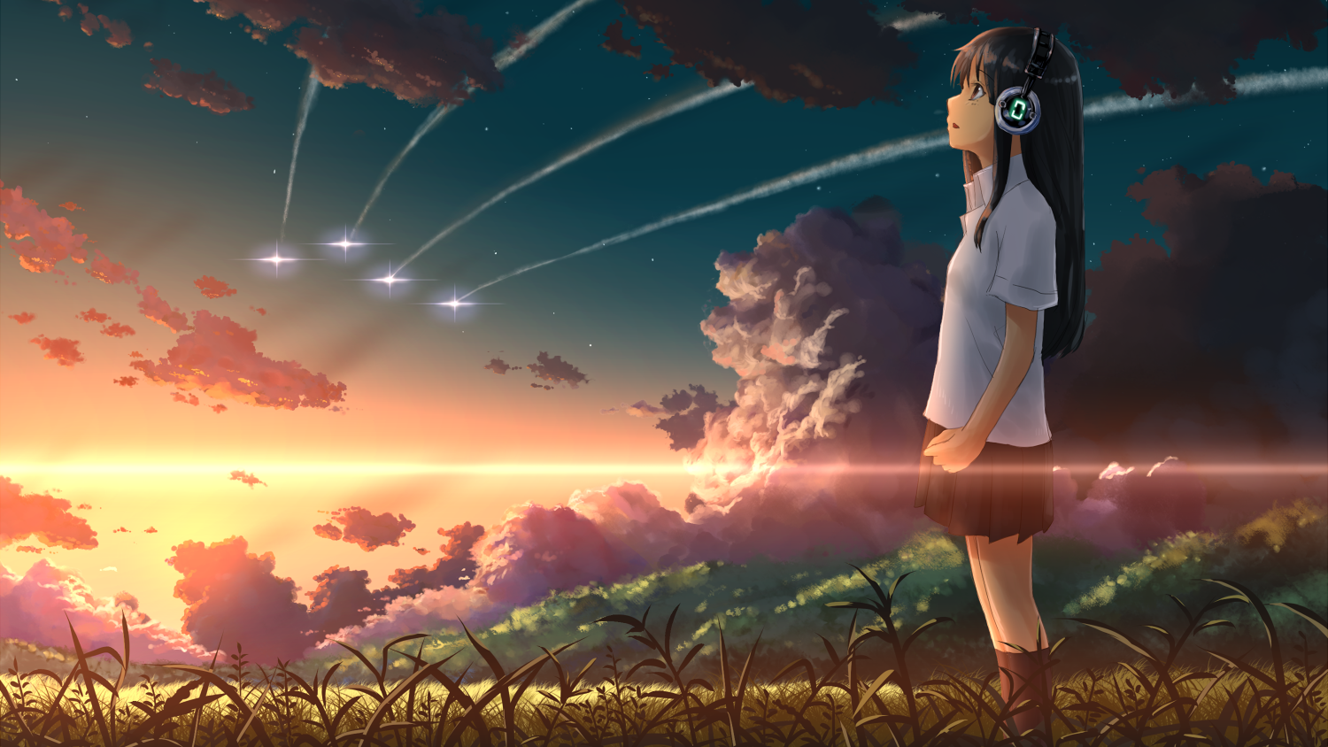 Anime 1500x844 anime headphones original characters anime girls sky sunlight clouds women outdoors standing looking up music