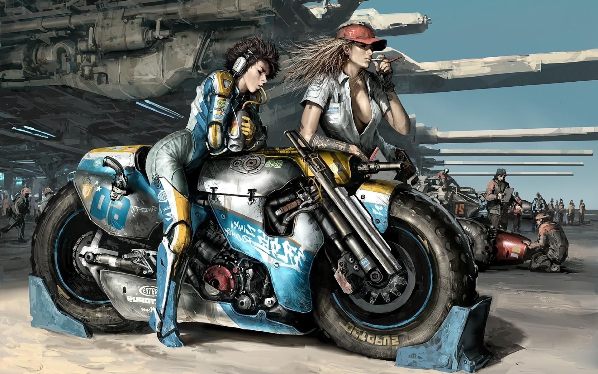 General 1920x1200 motorcycle artwork science fiction smoking women with motorcycles two women boobs big boobs vehicle futuristic science fiction women brunette dark hair