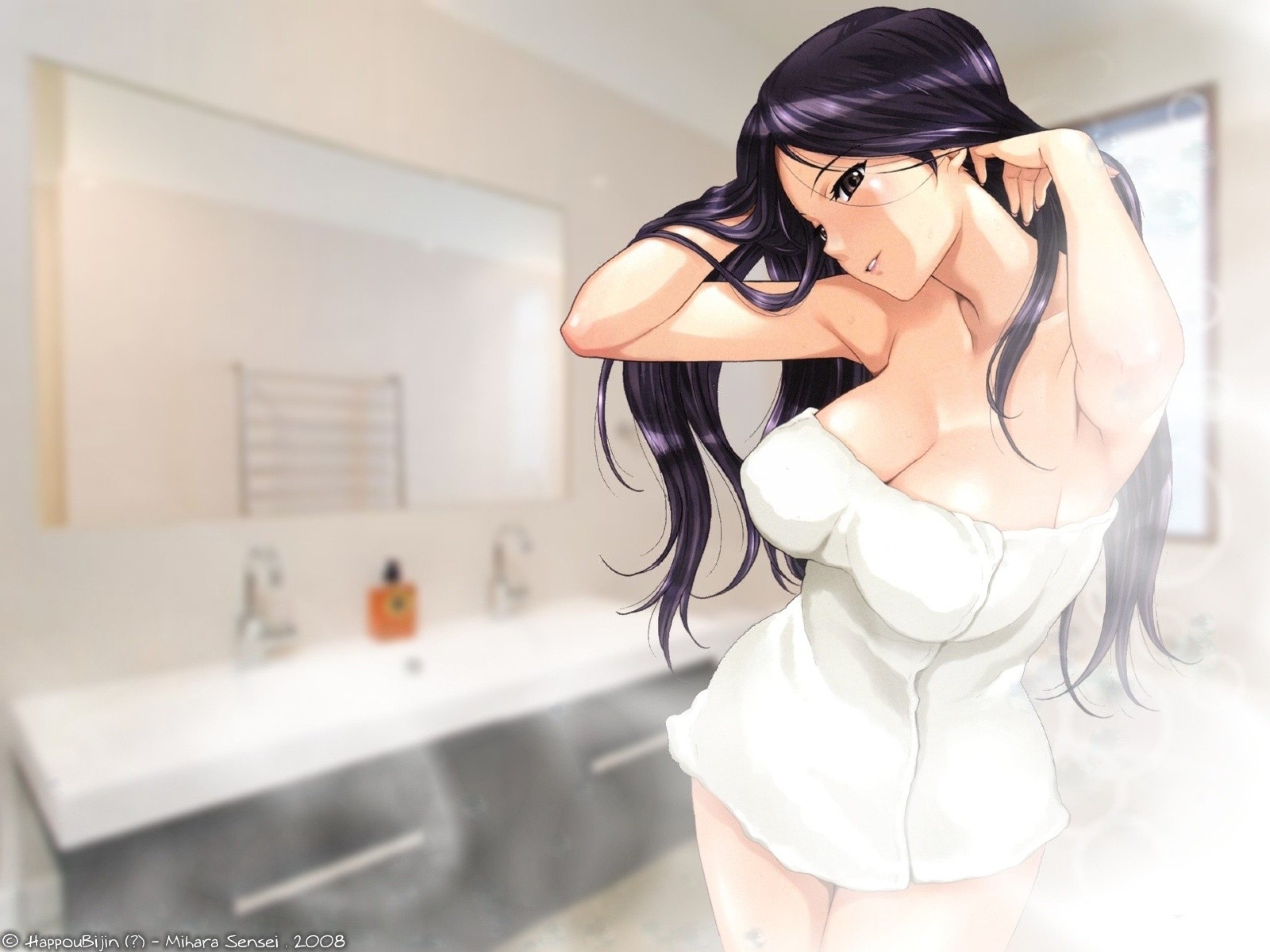 Anime 2560x1920 anime anime girls cleavage towel dark eyes bathroom Happoubi Jin