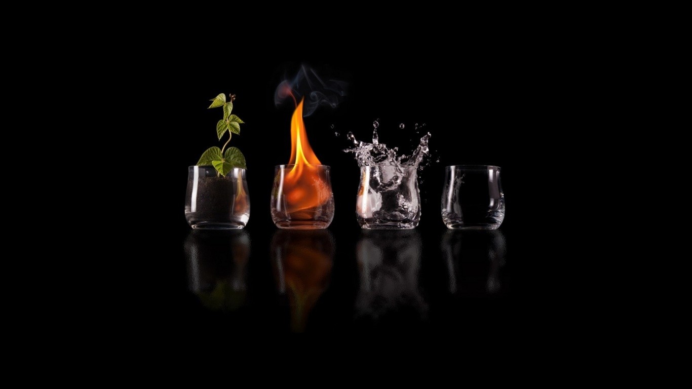 General 1366x768 elements simple background four elements black background reflection plants fire water minimalism