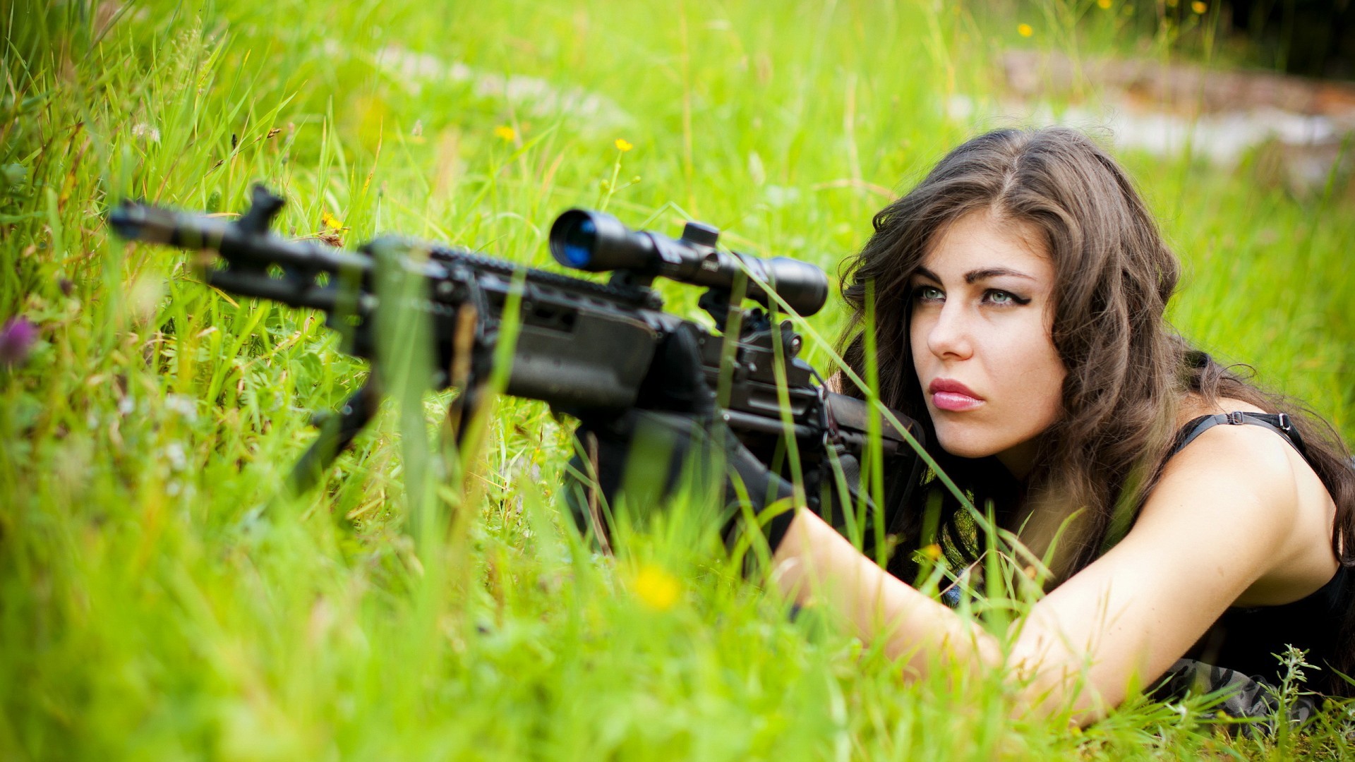 People 1920x1080 M14 EBR scopes aiming female soldier brunette lying down long hair women girls with guns women outdoors lipstick grass outdoors rifles weapon