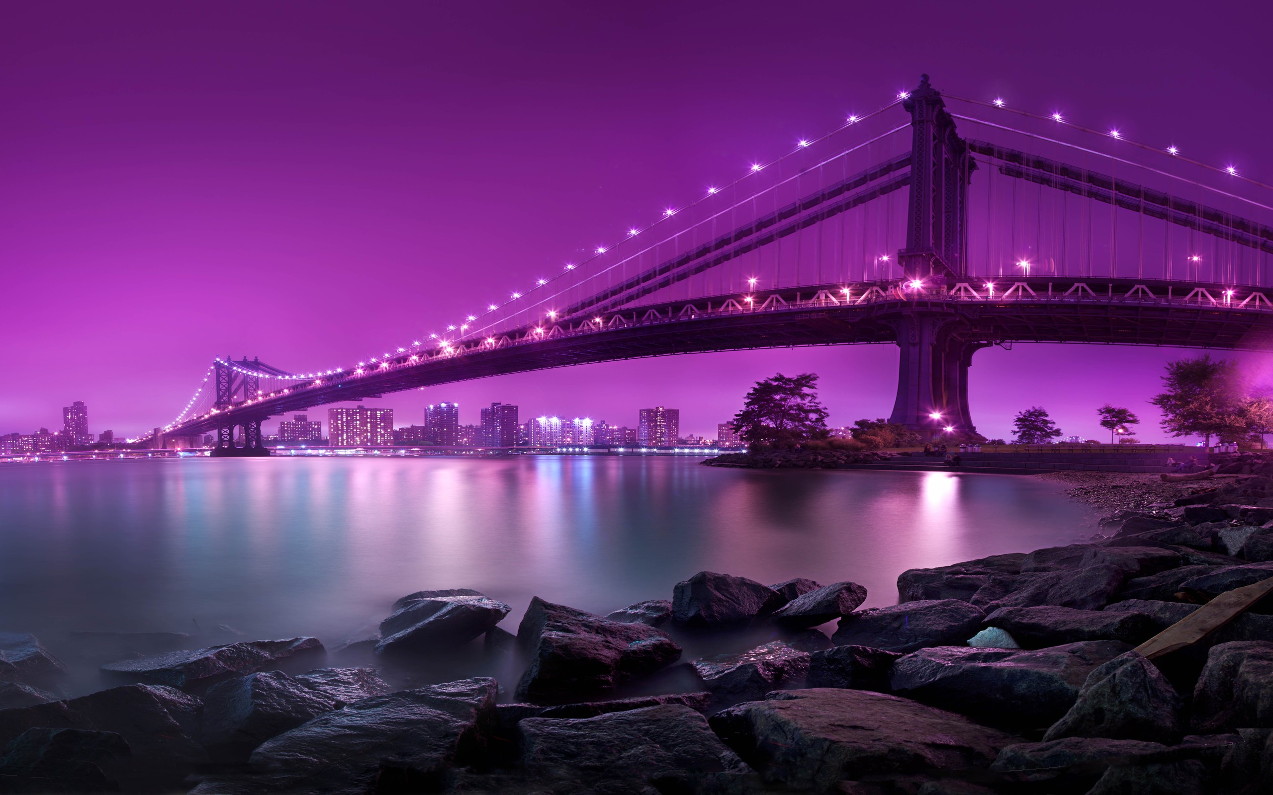 General 2560x1600 lights sea river New York City bridge cityscape night Manhattan Bridge rocks digital art HDR USA