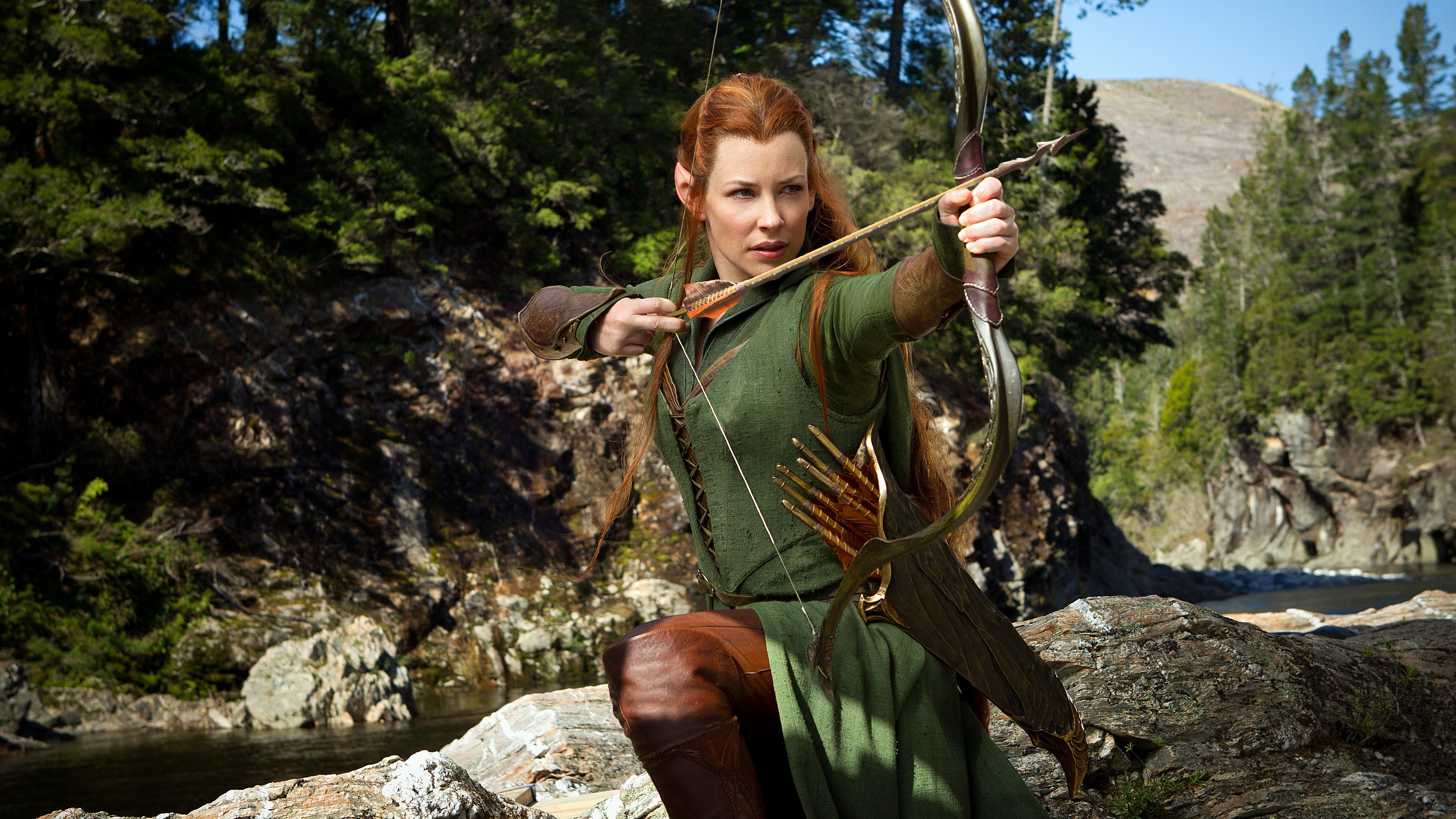People 3840x2160 The Hobbit Tauriel Evangeline Lilly redhead archer archery girls with guns movies bow and arrow fantasy girl pointy ears actress women aiming film stills
