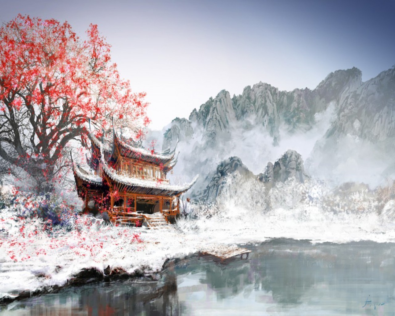 General 1280x1024 landscape painting Asia trees Japan winter snow ice cold nature building
