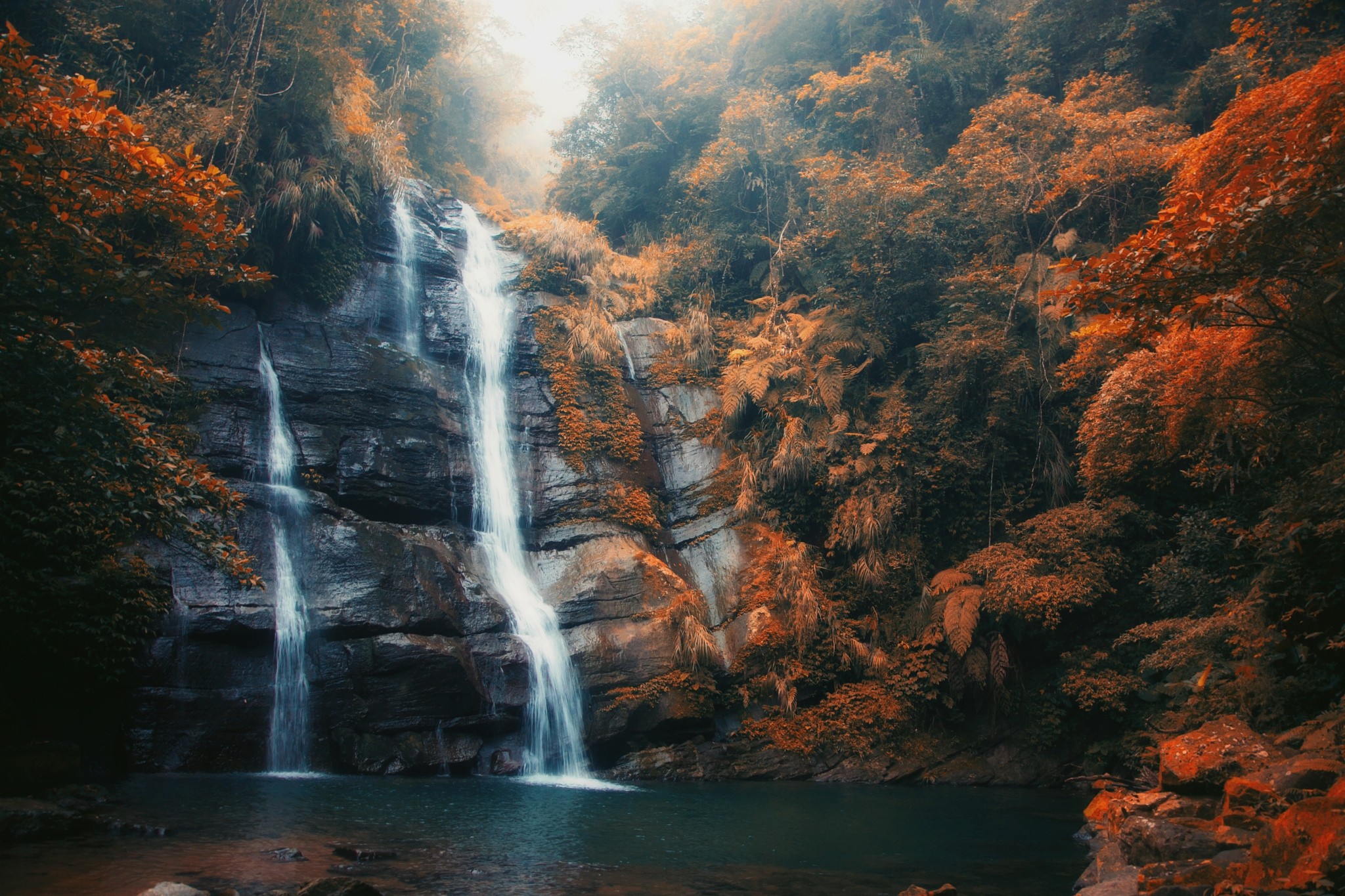 General 2048x1365 nature waterfall mist fall forest daylight orange leaves pond