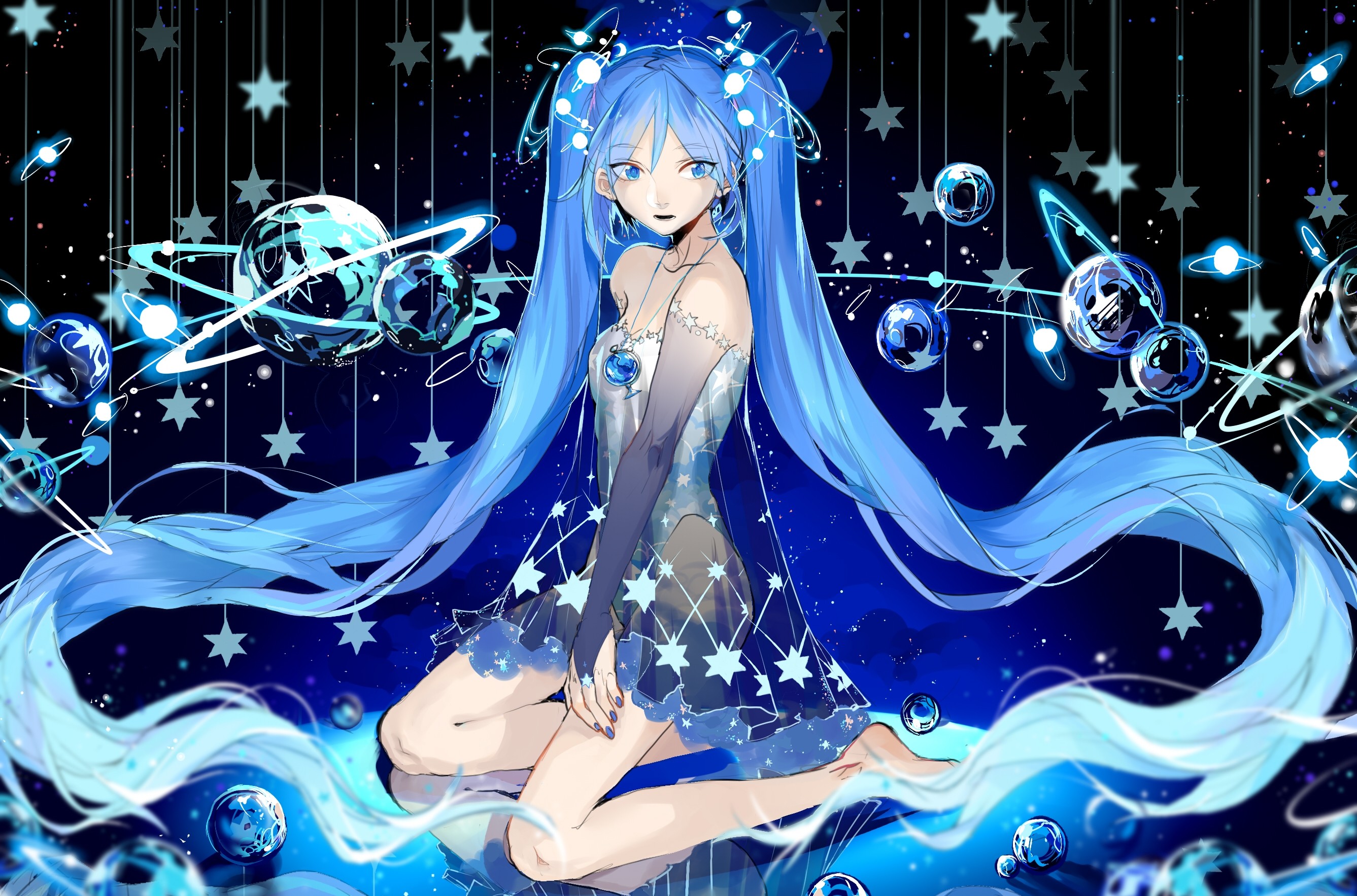 Anime 2674x1767 twintails Hatsune Miku anime anime girls digital art 2D artwork barefoot blue hair long hair women painted nails stars looking at viewer blue eyes fantasy art fantasy girl