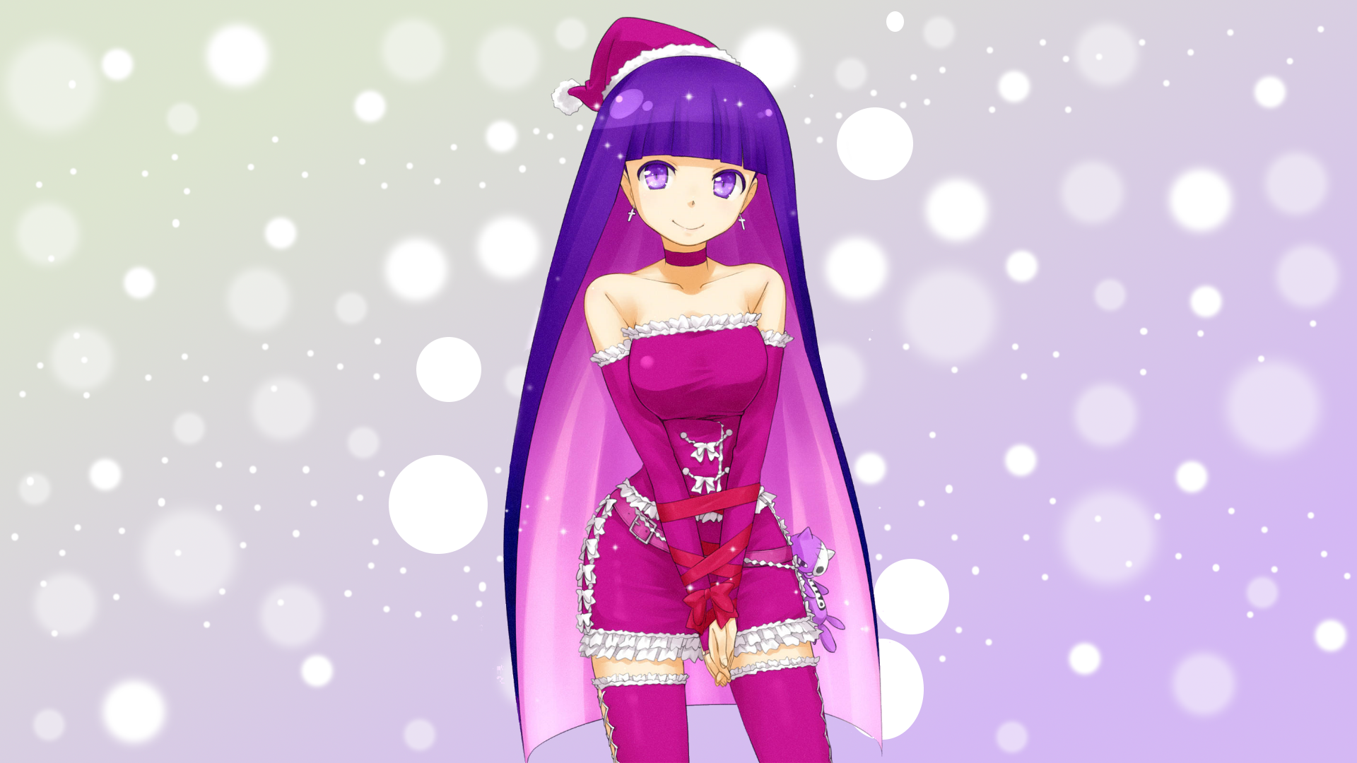 Anime 1920x1080 anime girls anime Panty and Stocking with Garterbelt Anarchy Stocking purple hair long hair smiling Santa hats Christmas purple eyes