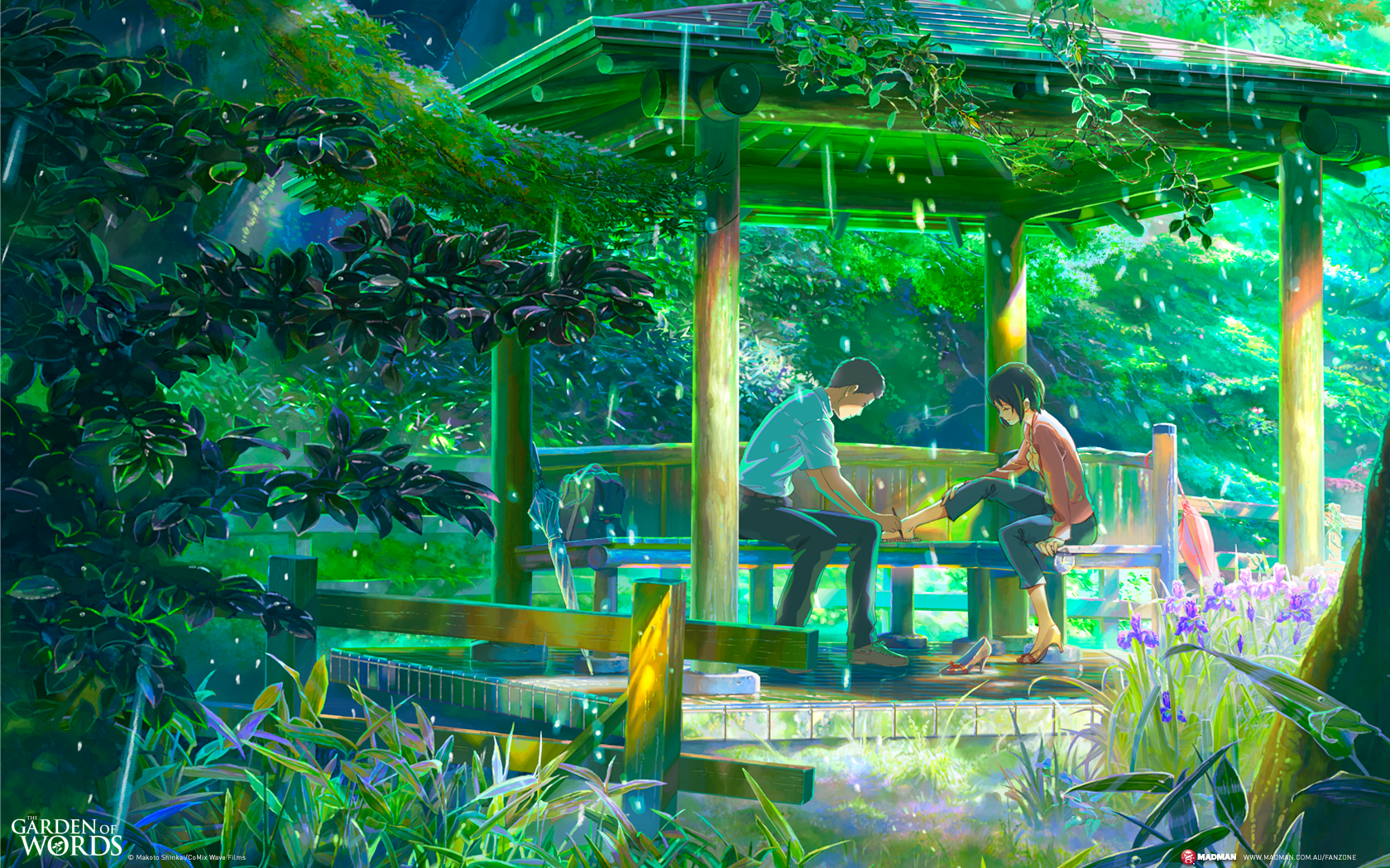 Anime 1680x1050 The Garden of Words rain Makoto Shinkai  anime anime boys anime girls plants women outdoors men outdoors sitting