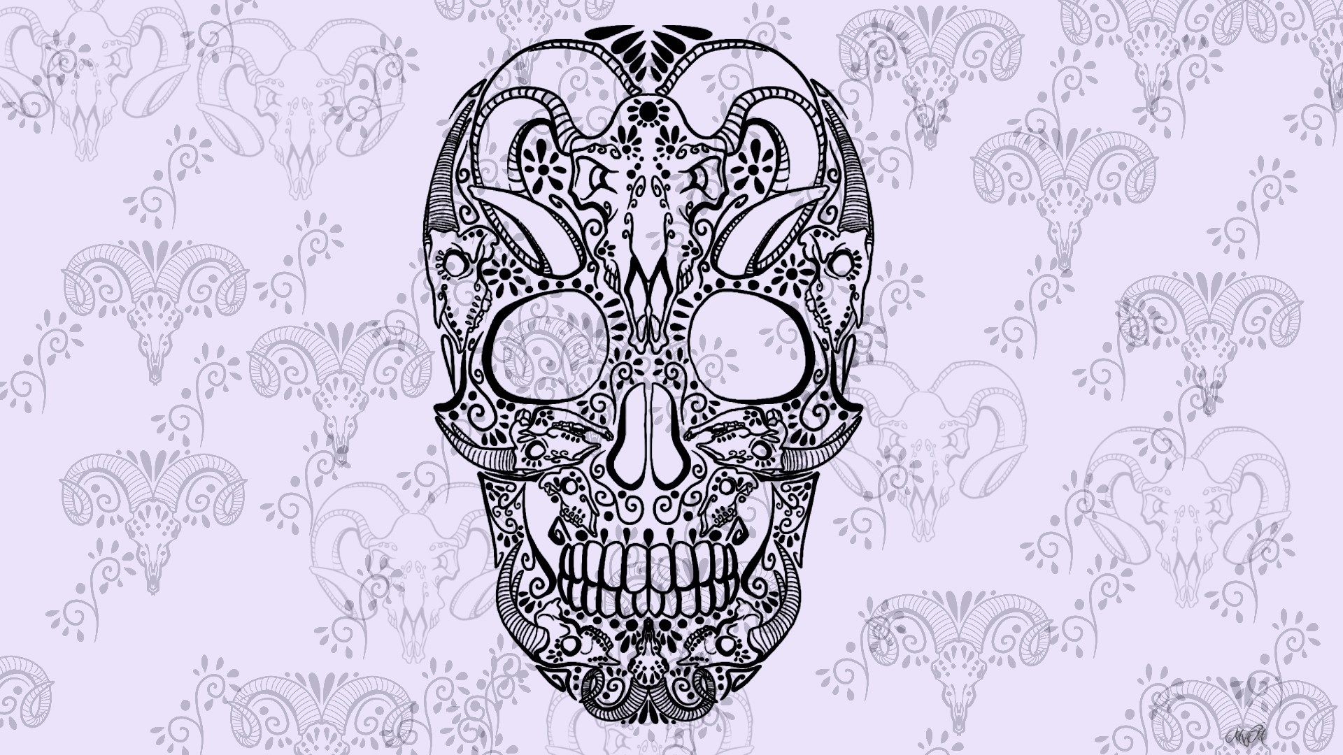 General 1920x1080 artwork skull digital art pattern white white background Sugar Skull