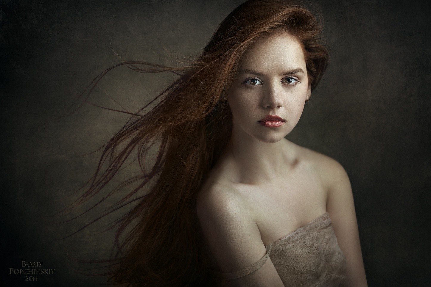 People 1447x965 women model redhead brown eyes bare shoulders dress portrait red lipstick studio 2014 (Year) makeup Boris Popchinskiy looking at viewer simple background face