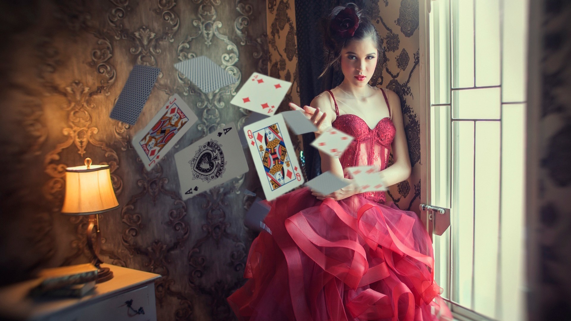 General 1920x1080 photography red dress room playing cards Ace of Spades women model women indoors dress lamp dark hair makeup indoors red clothing