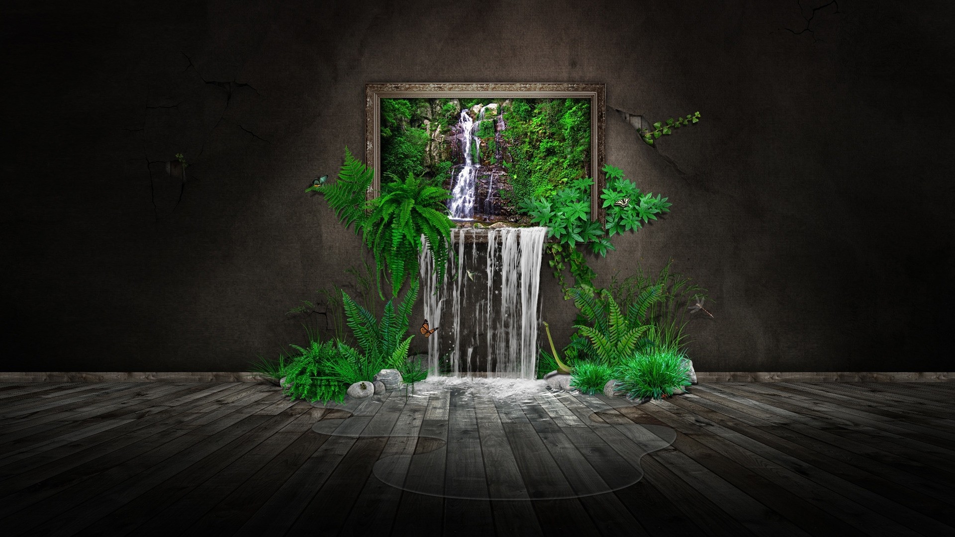 General 1920x1080 digital art CGI minimalism water nature ferns leaves trees waterfall picture frames rocks stones butterfly wall wooden surface puddle picture