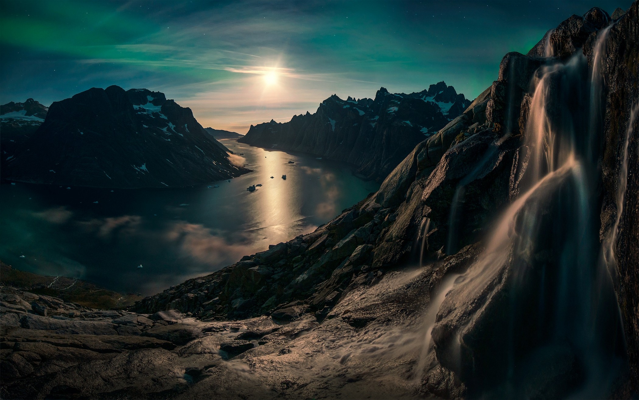 General 2100x1315 nature landscape Moon waterfall sky mountains fjord snowy peak Greenland moonlight reflection stars Max Rive