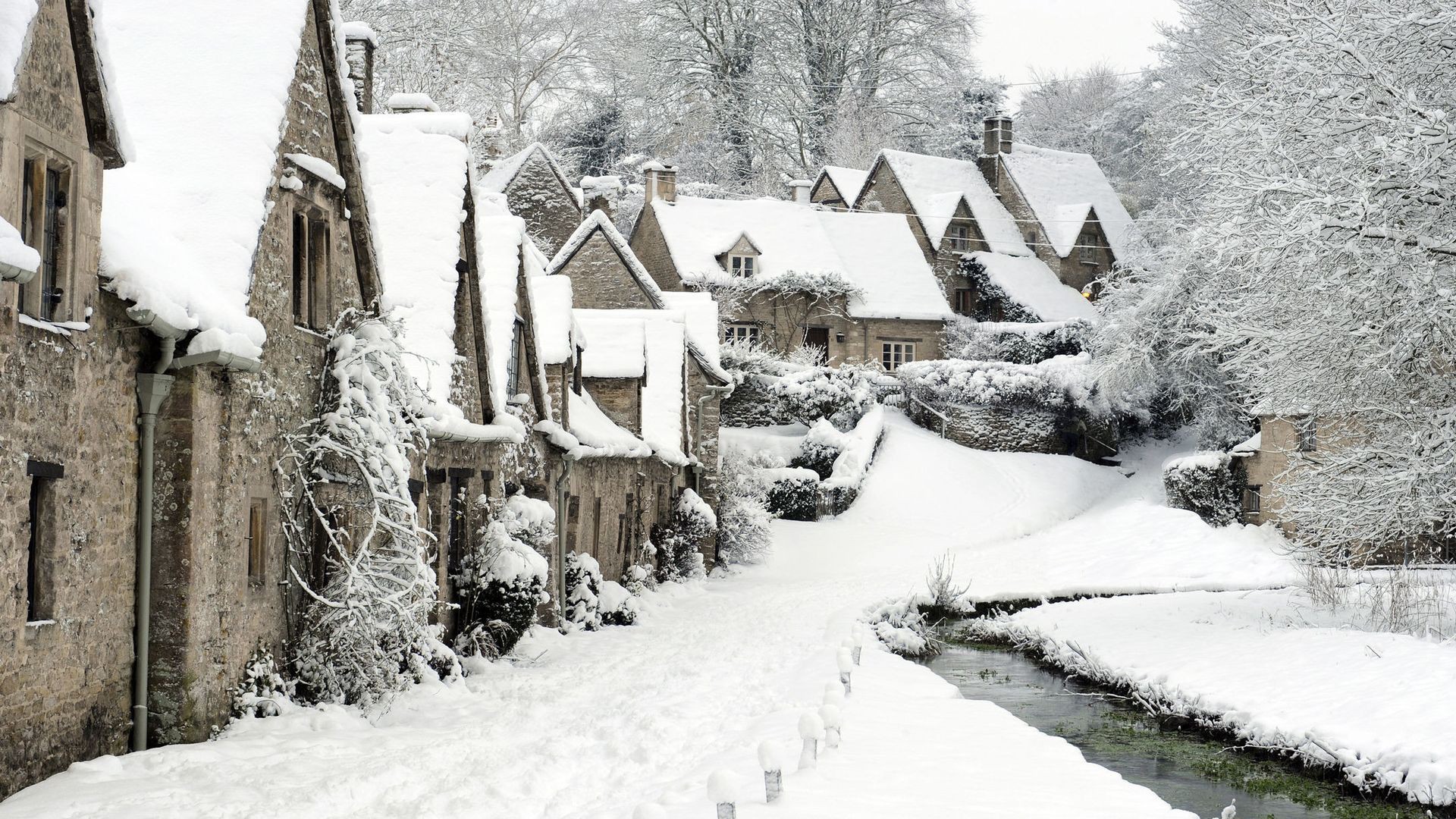 General 1920x1080 snow England winter town stream white house cold outdoors