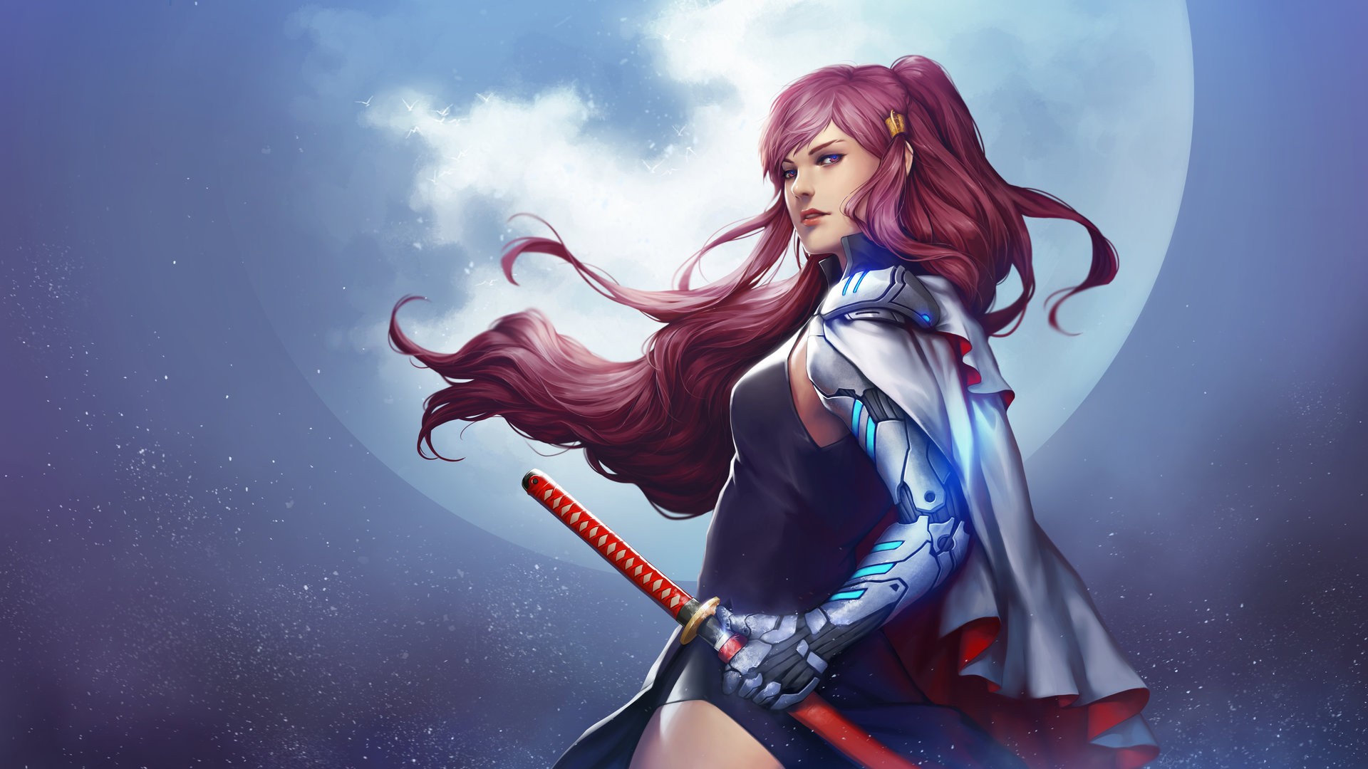 General 1920x1080 fantasy art fantasy girl Moon redhead long hair sword women with swords cyborg machine women futuristic katana