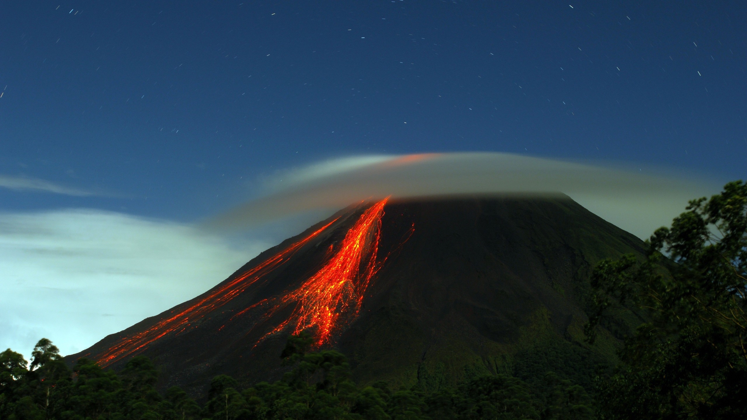 General 2560x1440 nature landscape sky clouds volcano eruption lava trees forest night stars long exposure volcanic eruption lenticular clouds