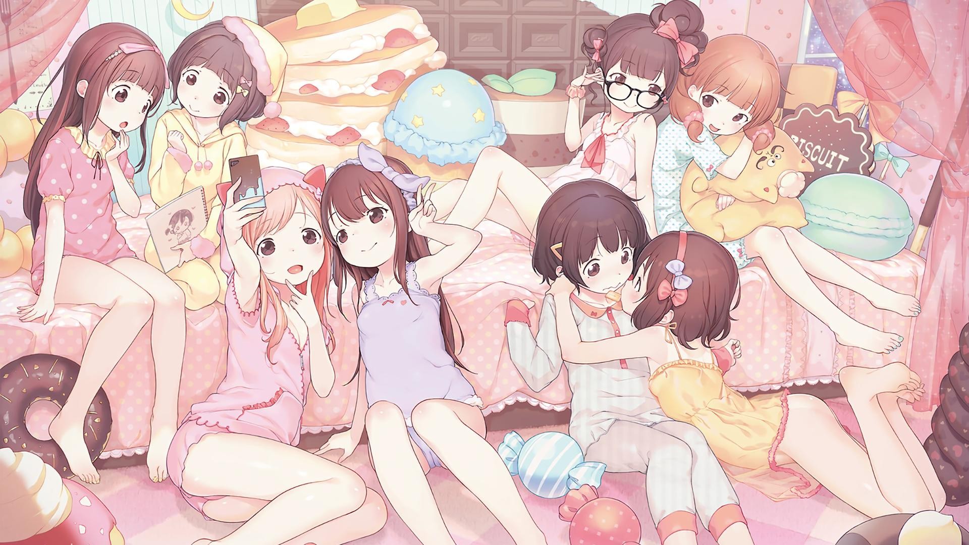 Anime 1920x1080 anime anime girls pyjamas pink pajamas pink candy original characters group of women loli