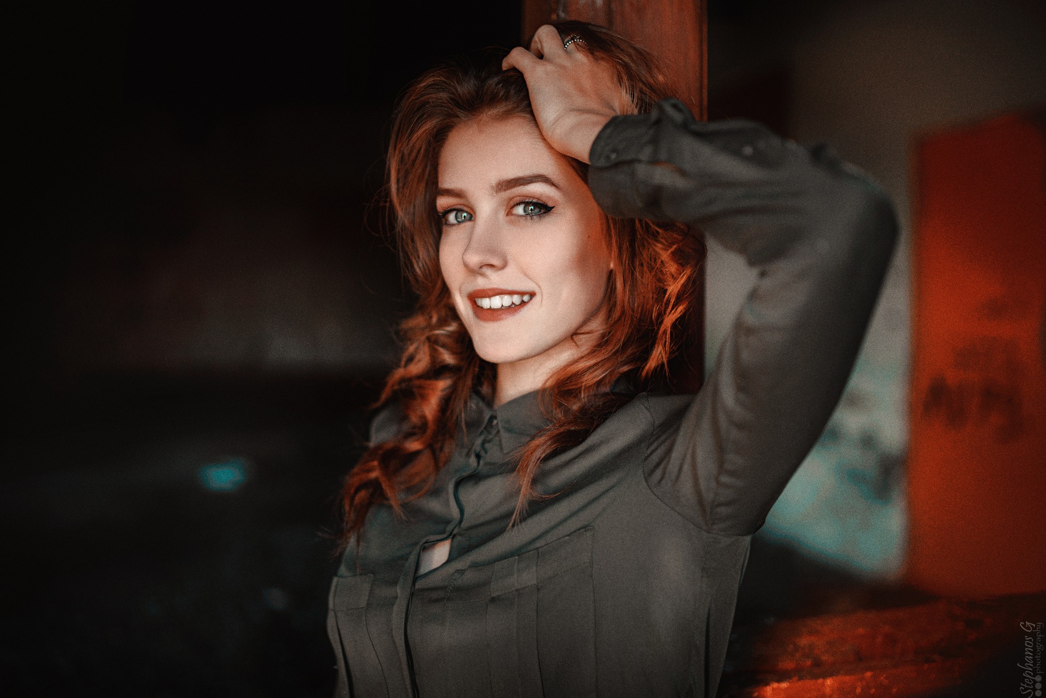 People 2048x1367 women redhead smiling portrait wavy hair warm colors depth of field Stephanos Georgiou face looking at viewer one arm up red lipstick model watermarked