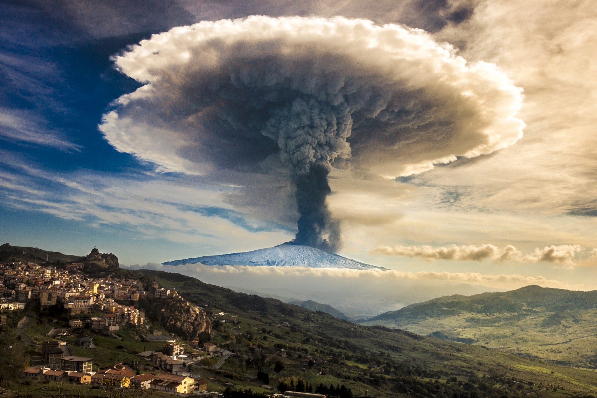 General 2048x1365 nature volcano eruption Sicily Italy snowy peak mushroom smoke sky clouds town mountains Mount Etna volcanic eruption