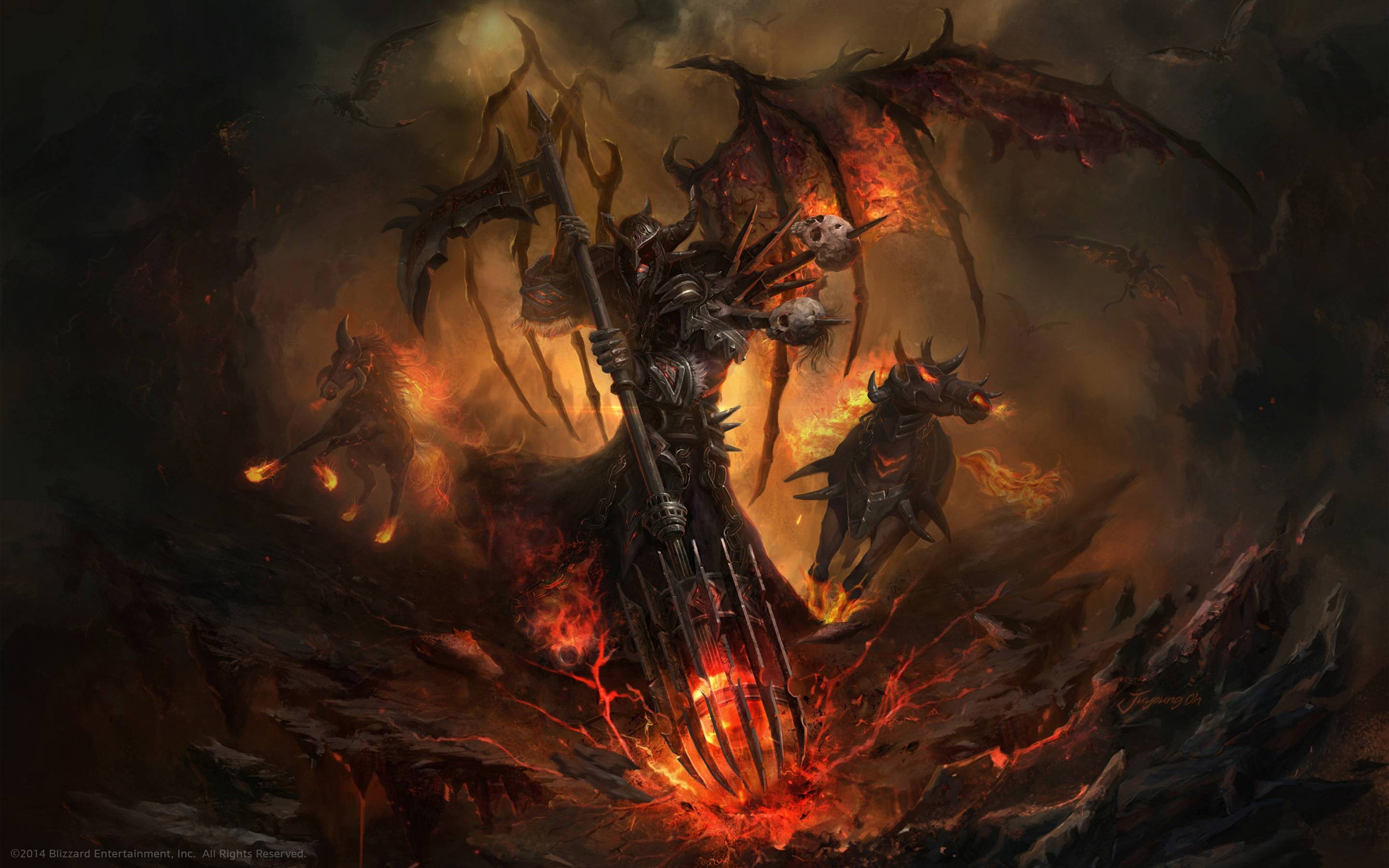 General 2880x1800 dark hell fire devil smoke scythe fantasy art artwork 2014 (Year) watermarked Blizzard Entertainment PC gaming video game art digital art