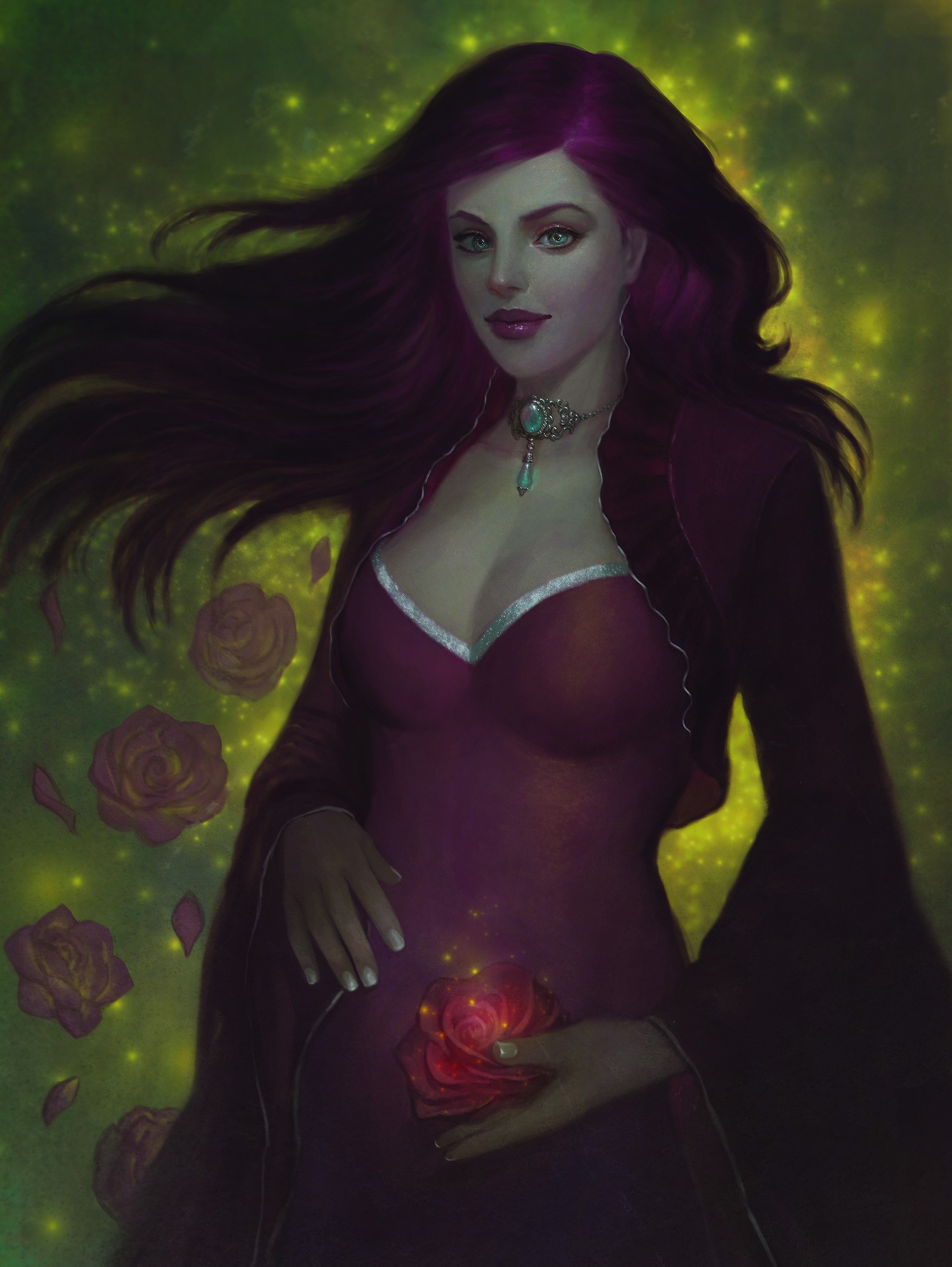 General 1503x2000 artwork fantasy girl purple hair necklace women makeup purple lipstick long hair rose flowers plants