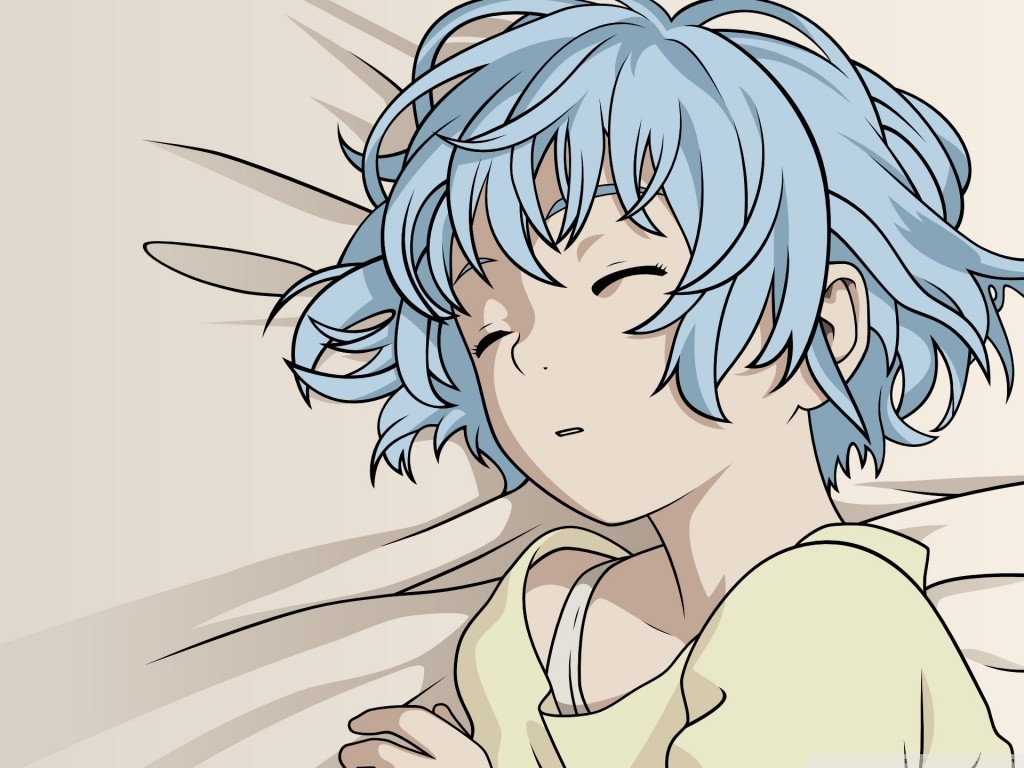 Anime 1024x768 anime girls sleeping T-shirt blue hair bed Shangri-La Murata Range anime closed eyes
